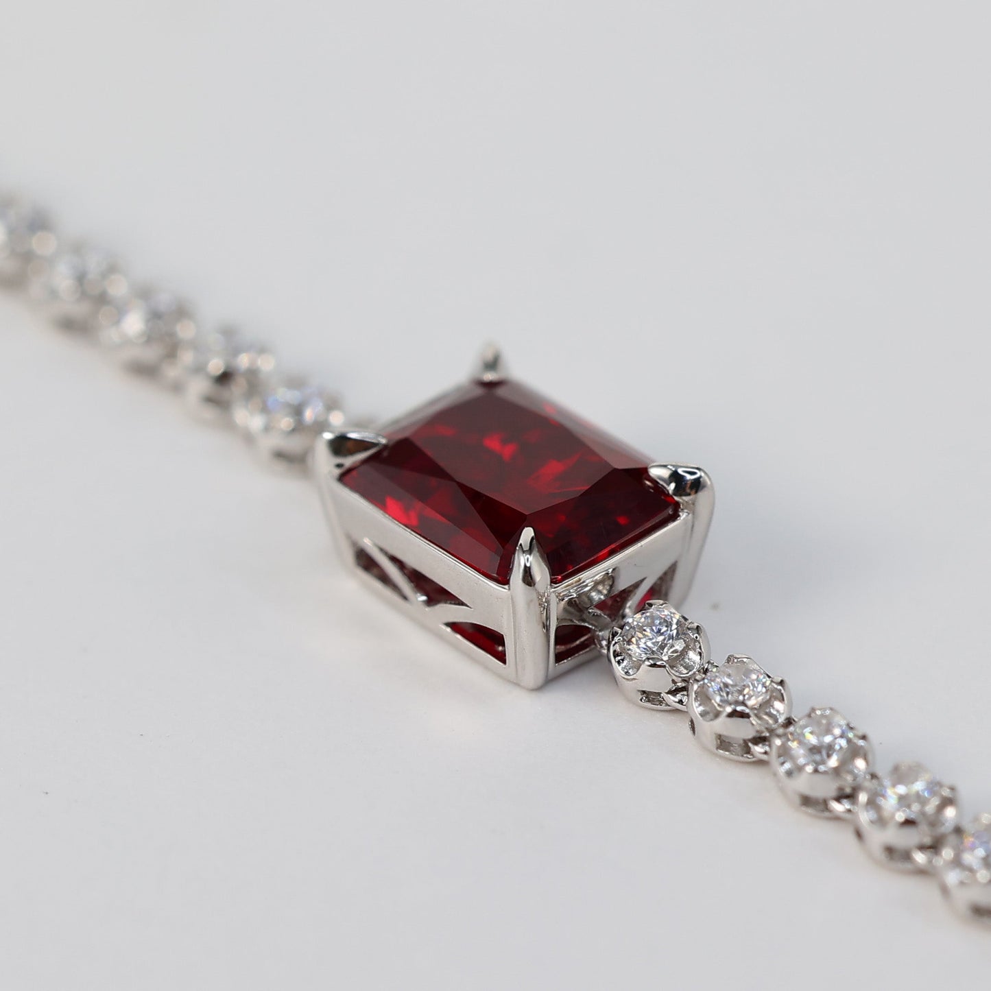 Micro-setting Rectangular Ruby color Bubble chain bracelet, sterling silver