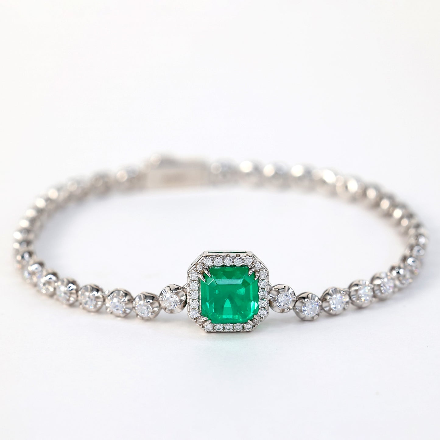 Micro-setting emerald color Lab created stones Square tennis chain bracelet, sterling silver