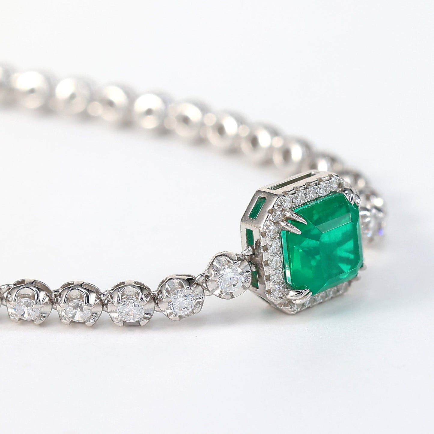 Micro-setting emerald color Lab created stones Square tennis chain bracelet, sterling silver