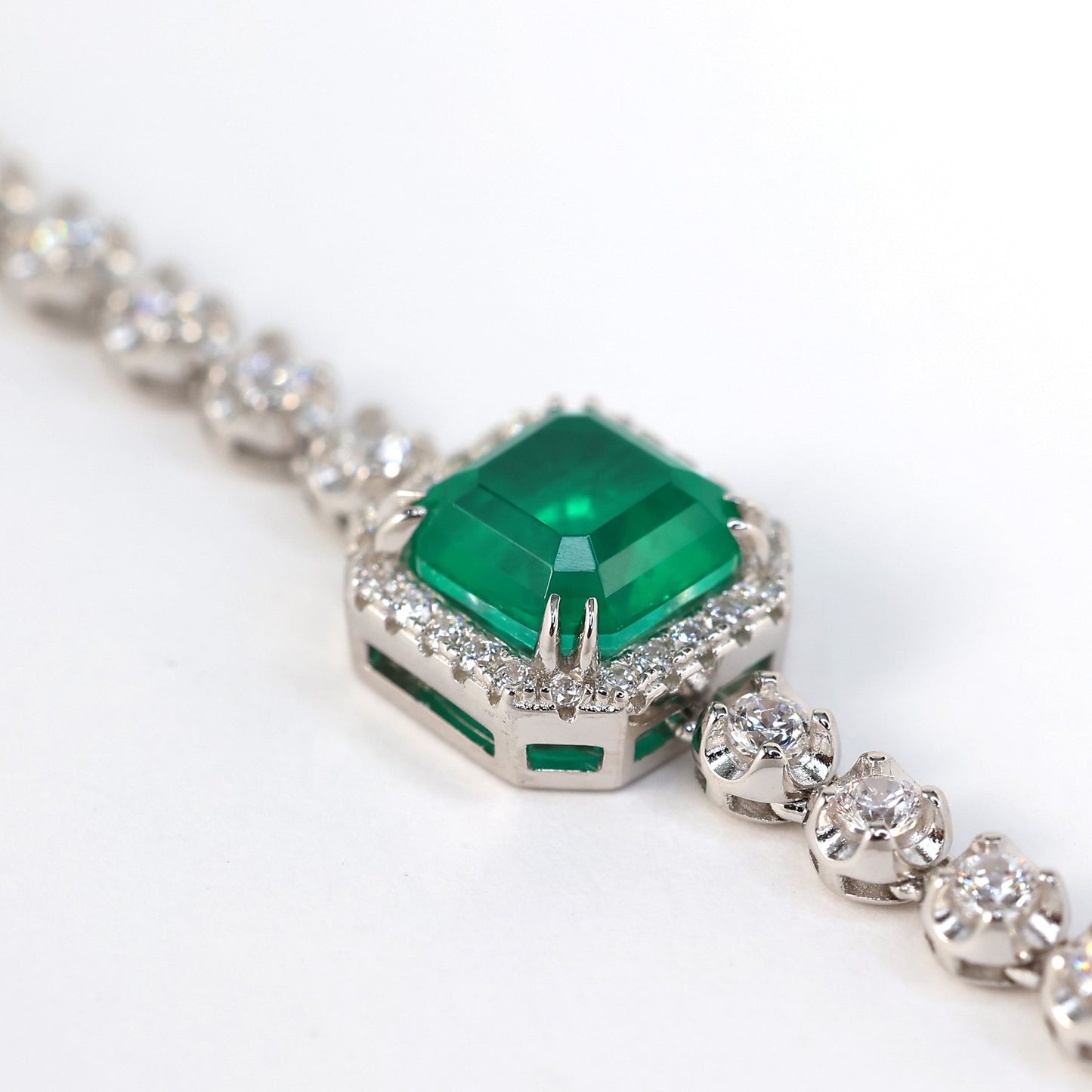 Micro-setting emerald color Lab created stones Square tennis chain bracelet, sterling silver