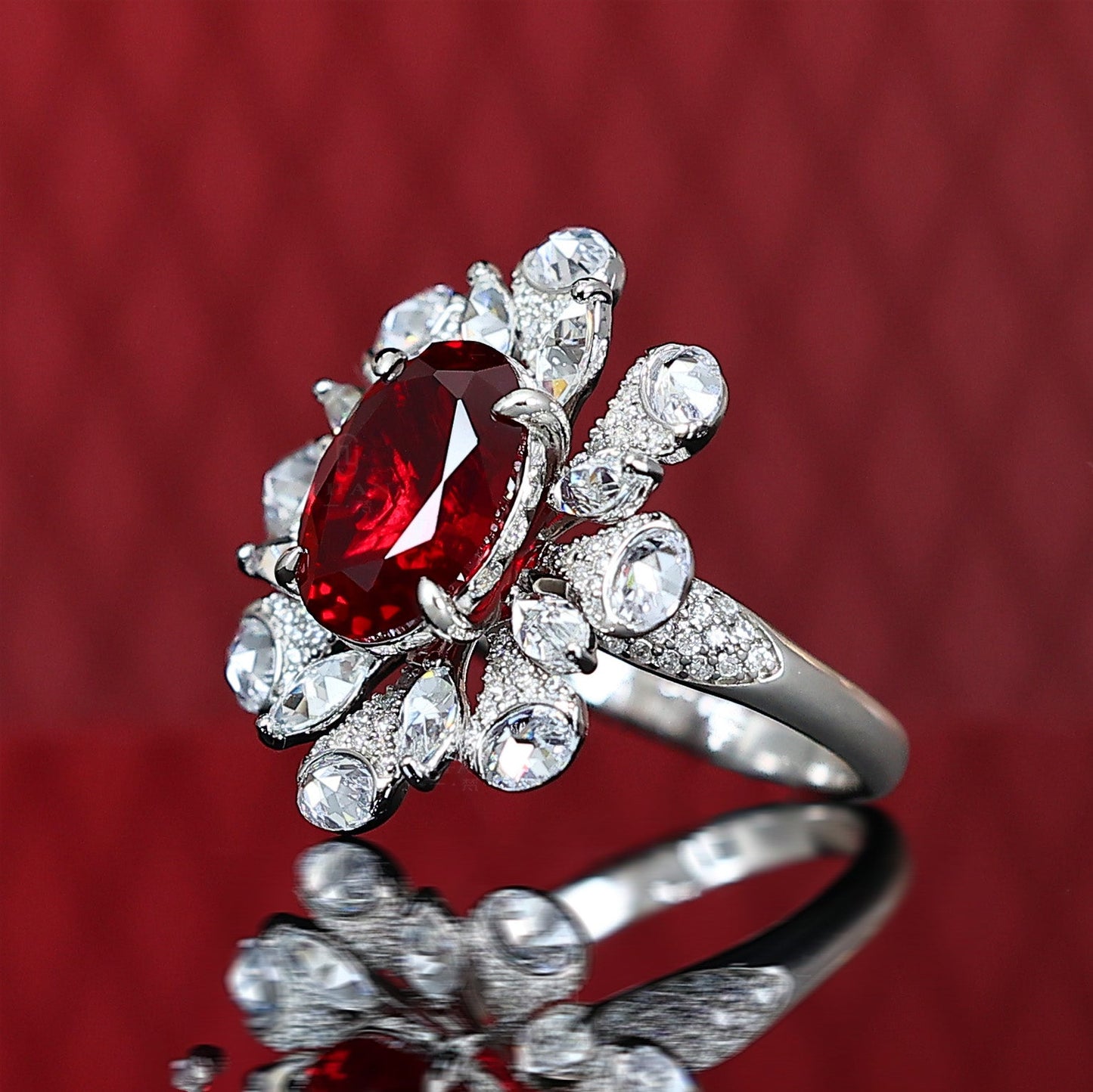 Micro-setting Oval ruby color Lab created stones fancy rose-cut ring, sterling silver