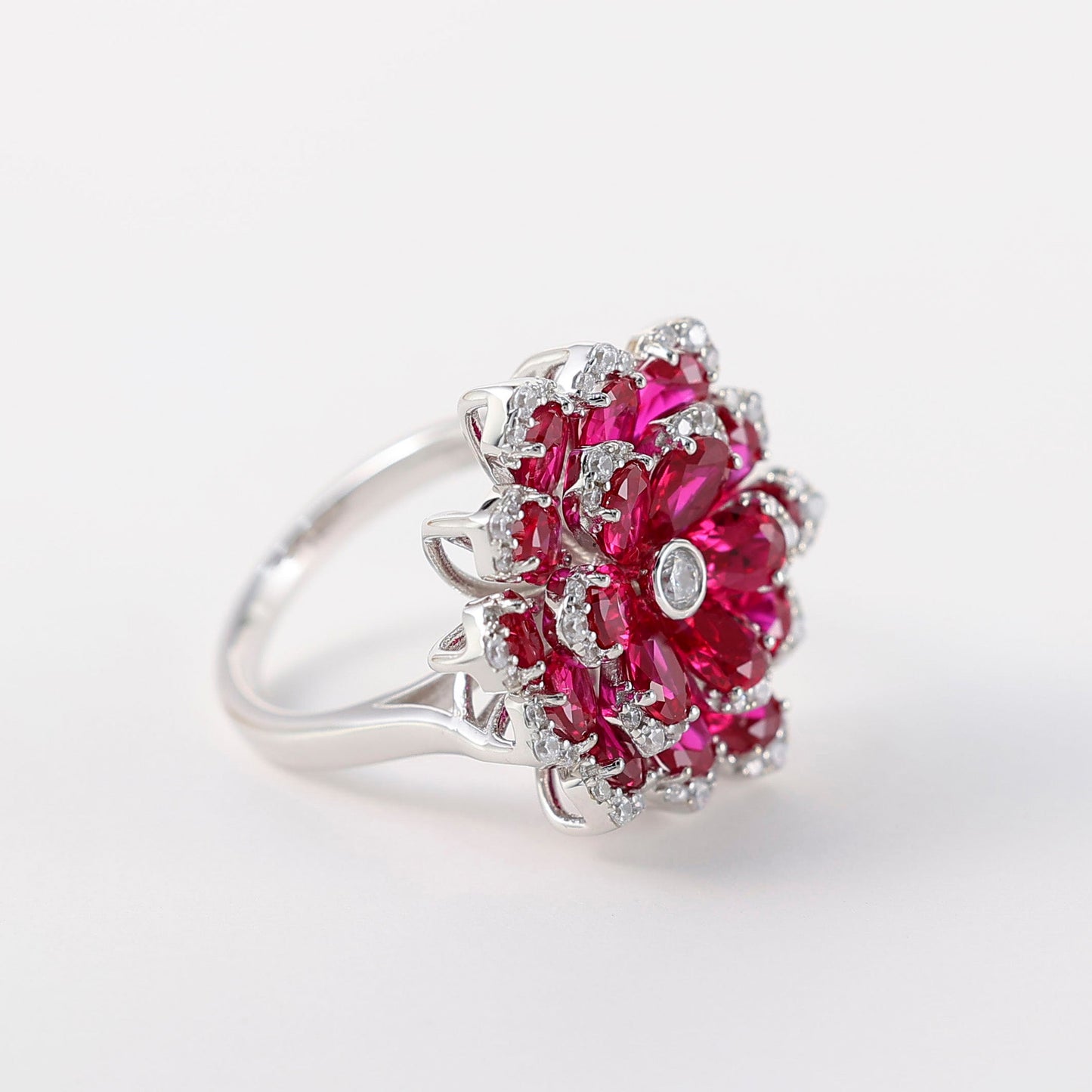 Micro-setting Preserved Flower Ruby color Lab created stones ring, sterling silver