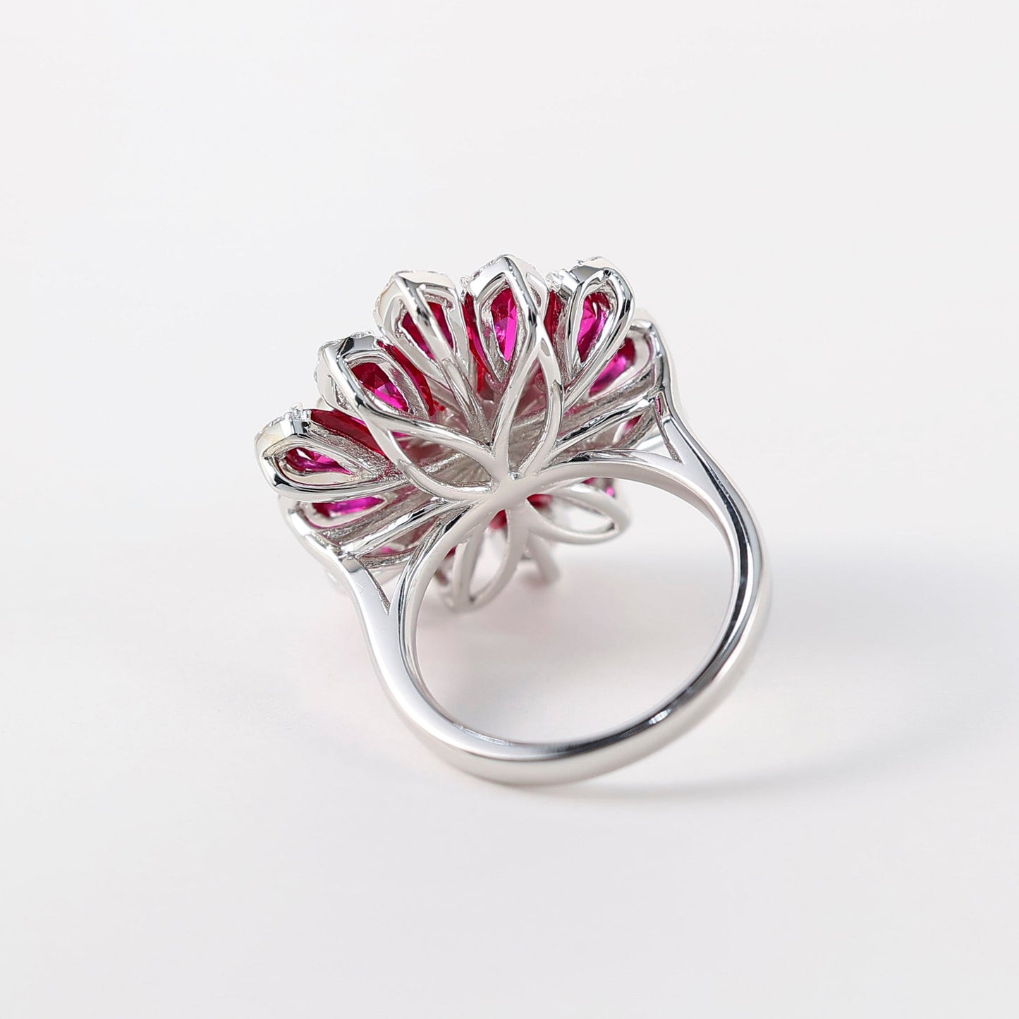 Micro-setting Preserved Flower Ruby color Lab created stones ring, sterling silver