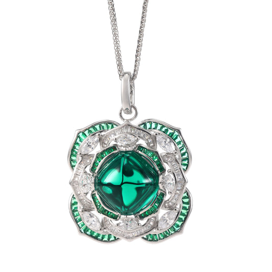 Micro-setting emerald color sugar tower Lab created stones Art deco style pendant, sterling silver.