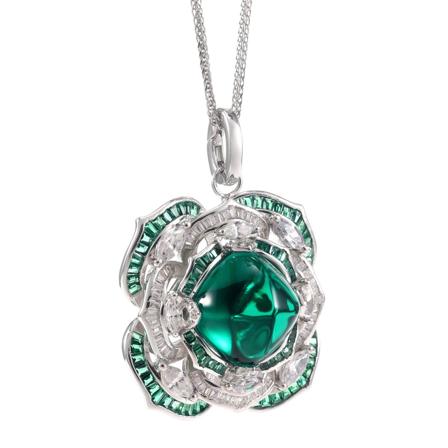 Micro-setting emerald color sugar tower Lab created stones Art deco style pendant, sterling silver.