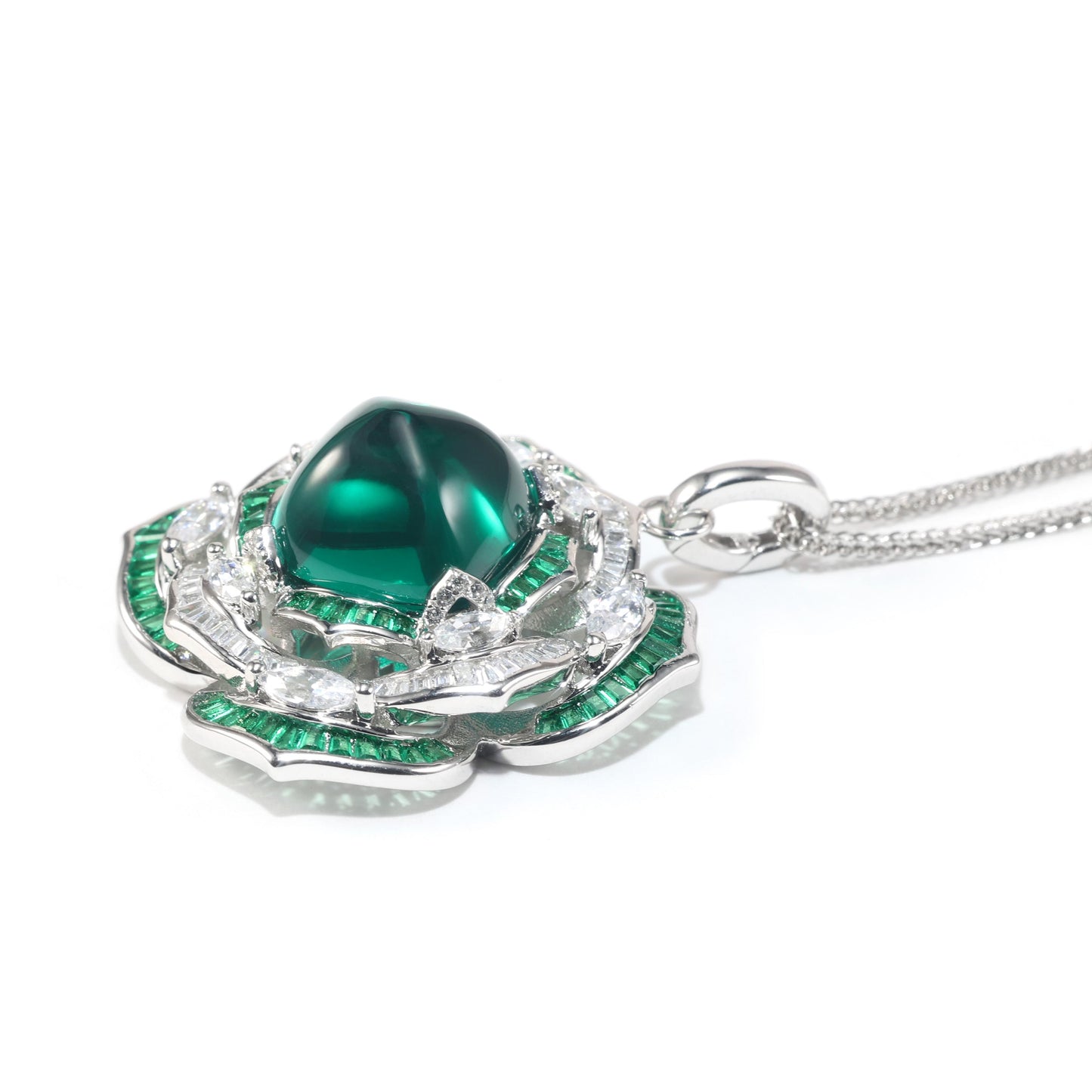 Micro-setting emerald color sugar tower Lab created stones Art deco style pendant, sterling silver.