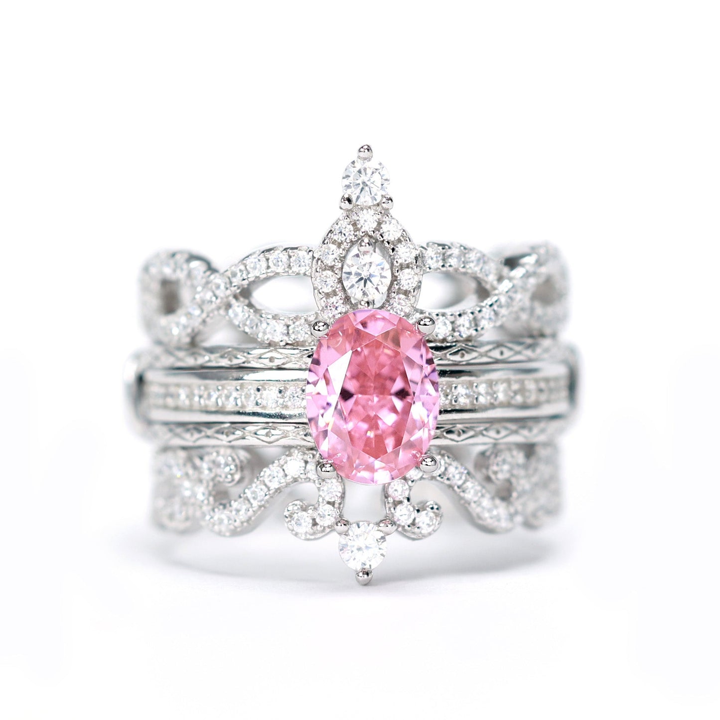 Micro-setting sunset and sunrise color Lab created stones three-piece set Crown ring, sterling silver