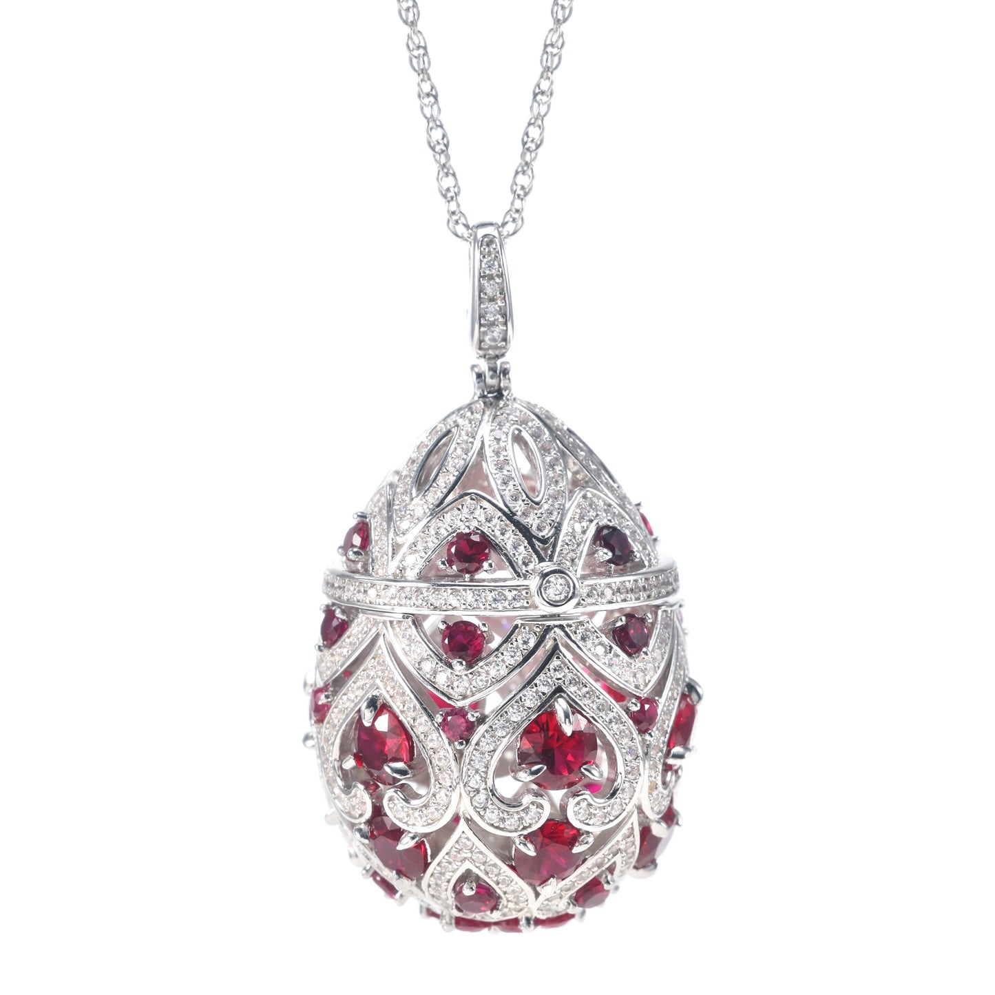 Micro-setting Ruby color Lab created stones Luxury egg pendant, sterling silver