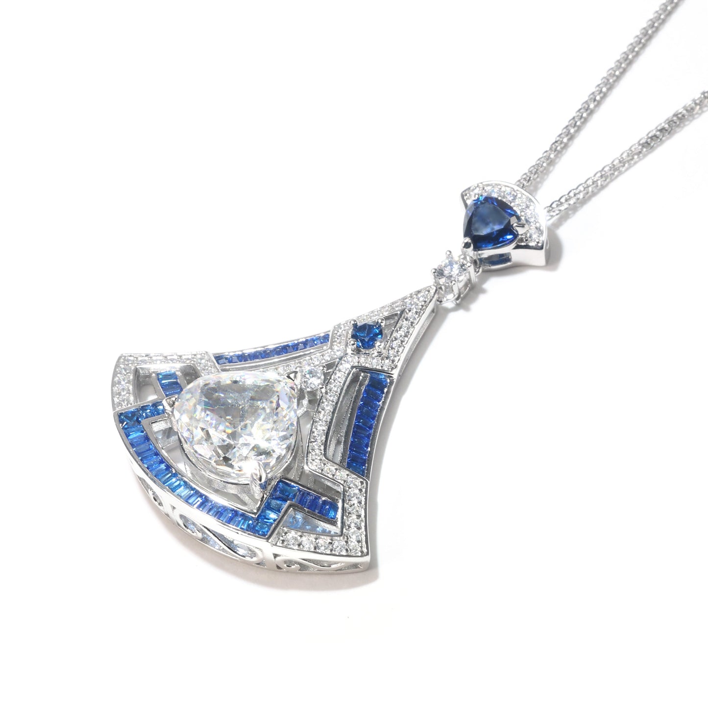 Special offer Micro-setting Sapphire color lab created stones detailed Fan pendant, sterling silver