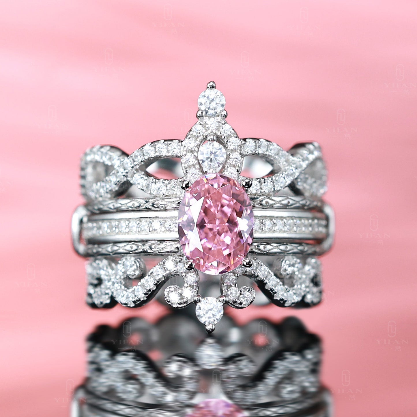 Micro-setting sunset and sunrise color Lab created stones three-piece set Crown ring, sterling silver