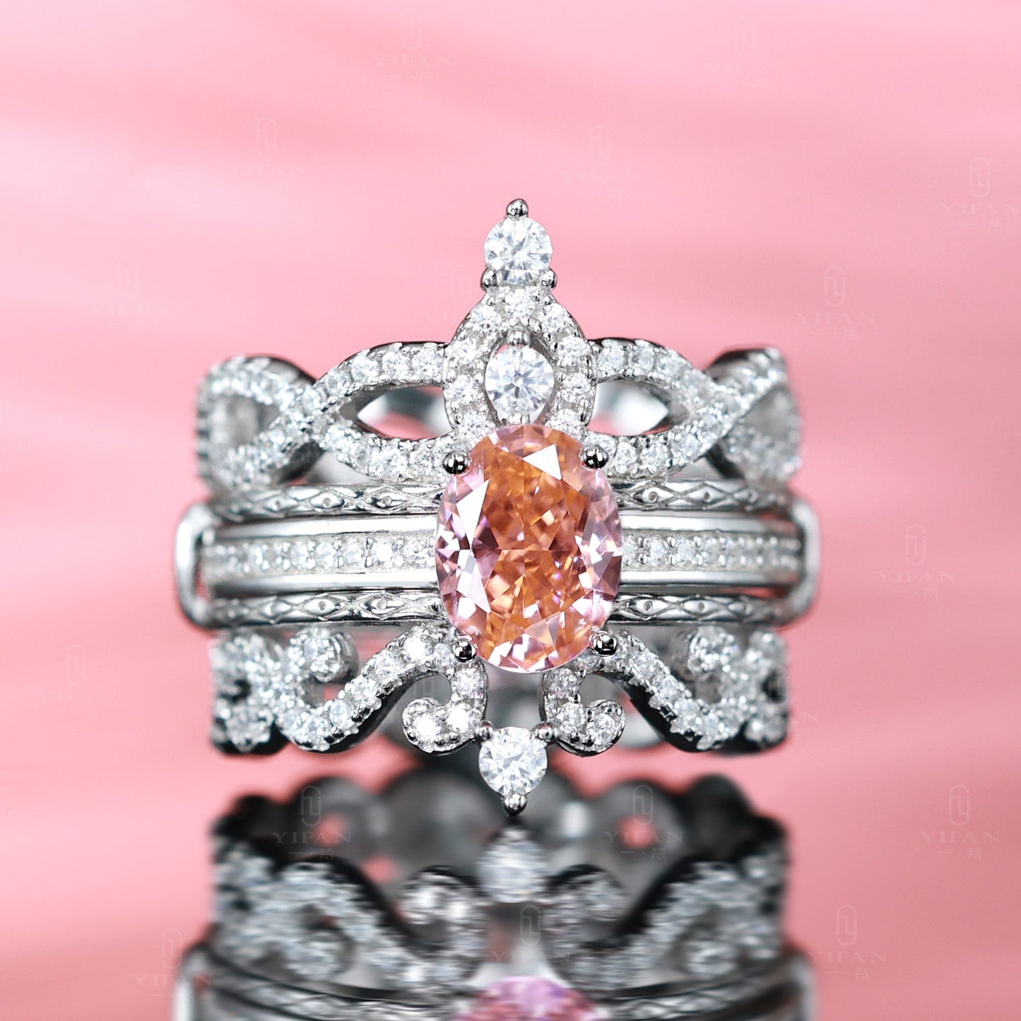 Micro-setting sunset and sunrise color Lab created stones three-piece set Crown ring, sterling silver