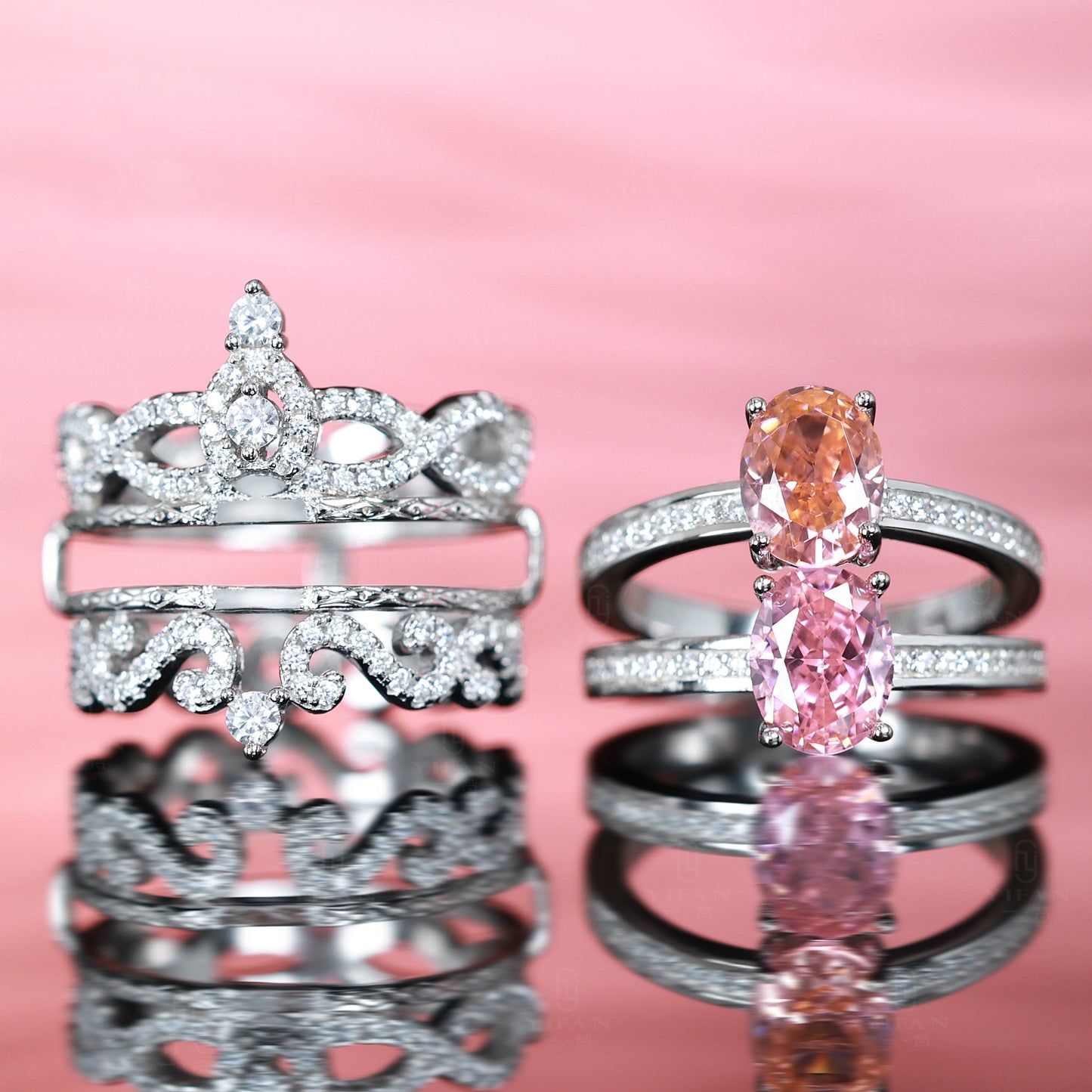 Micro-setting sunset and sunrise color Lab created stones three-piece set Crown ring, sterling silver