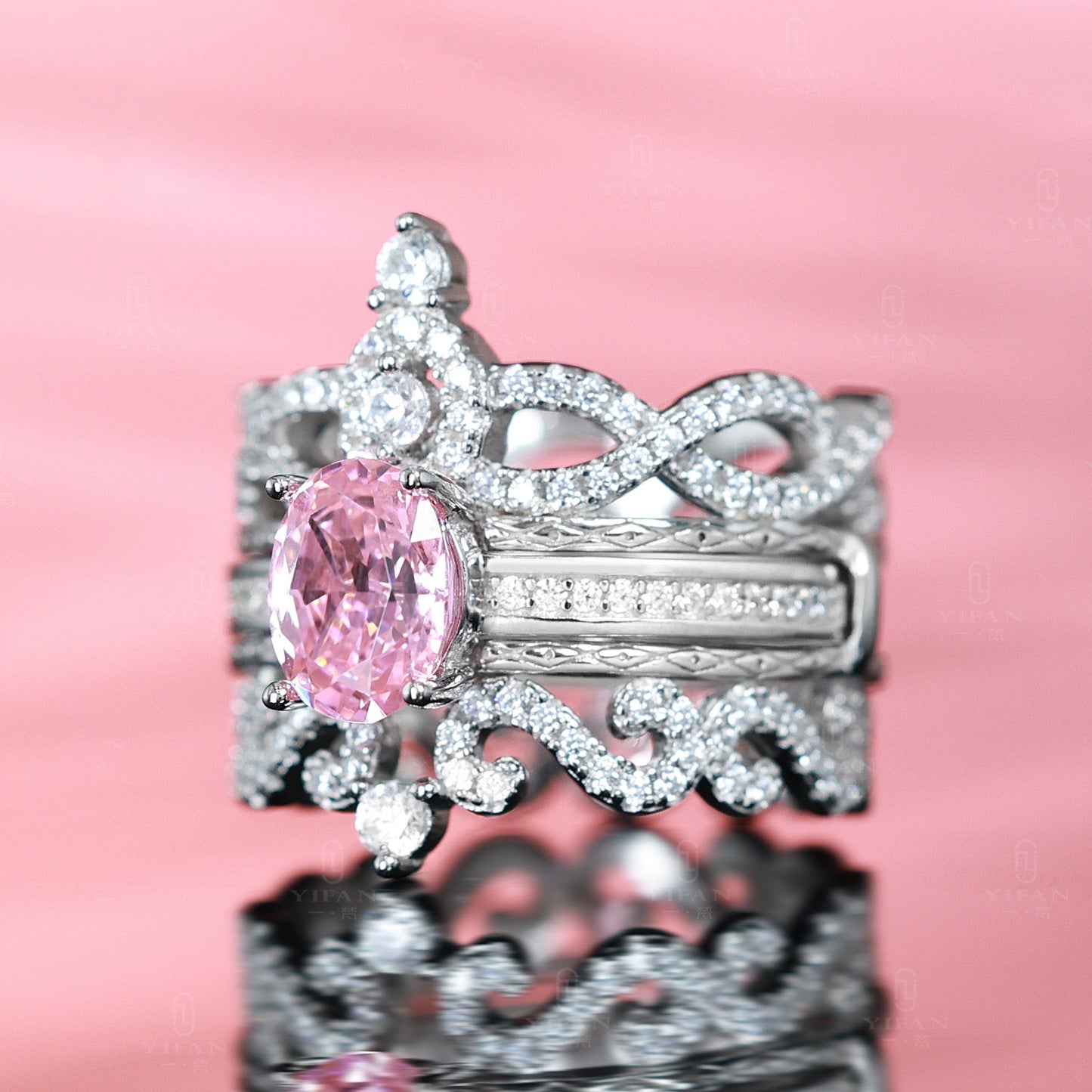 Micro-setting sunset and sunrise color Lab created stones three-piece set Crown ring, sterling silver