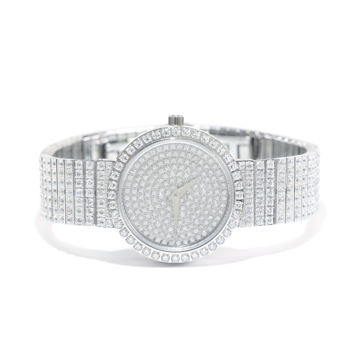 Micro-setting Clear diamond color Lab created stones Luxury watch bracelet, sterling silver & steel