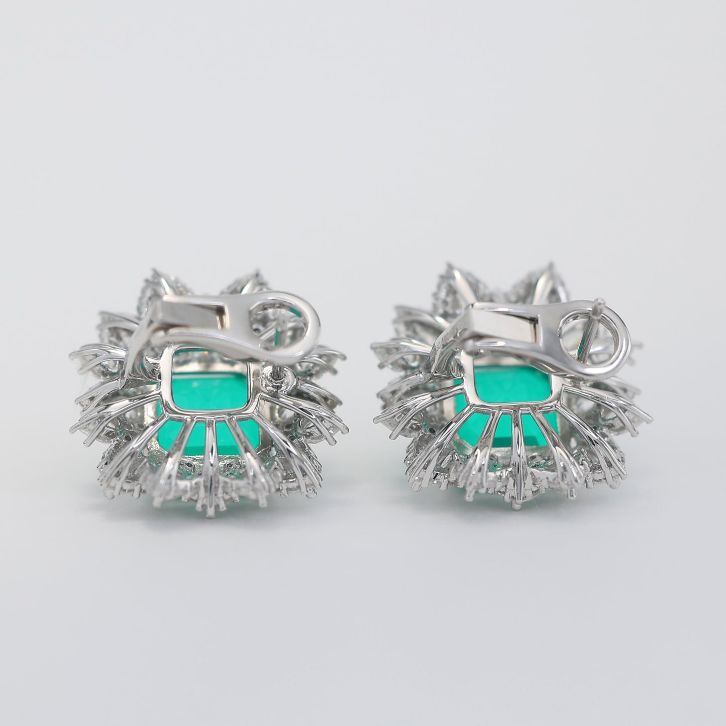 Micro-setting emerald color Lab created stones fancy square shape fully studded earrings, sterling silver