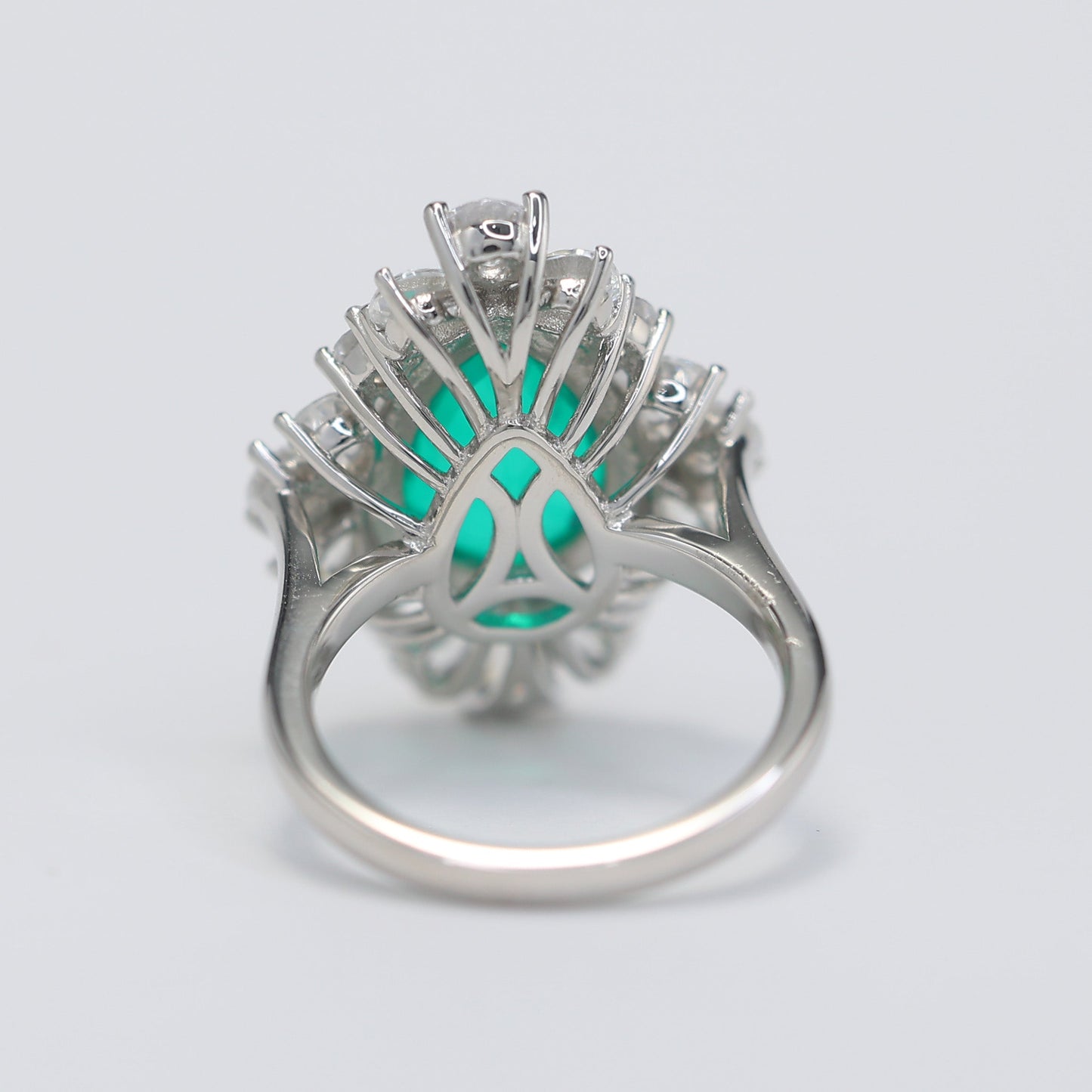 Micro-setting Emerald color Lab created stones waterdrop lace ring, sterling silver