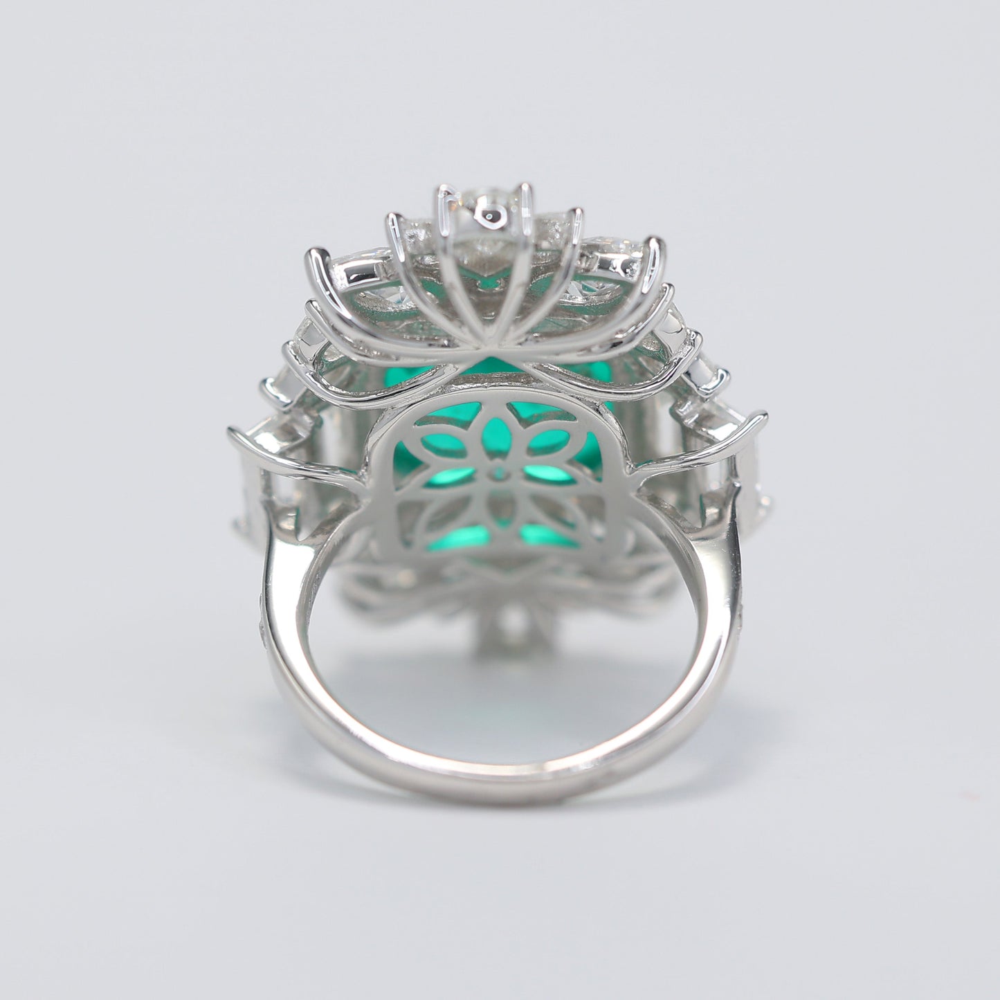 Micro-setting Emerald color Lab created stones reflection ring, sterling silver