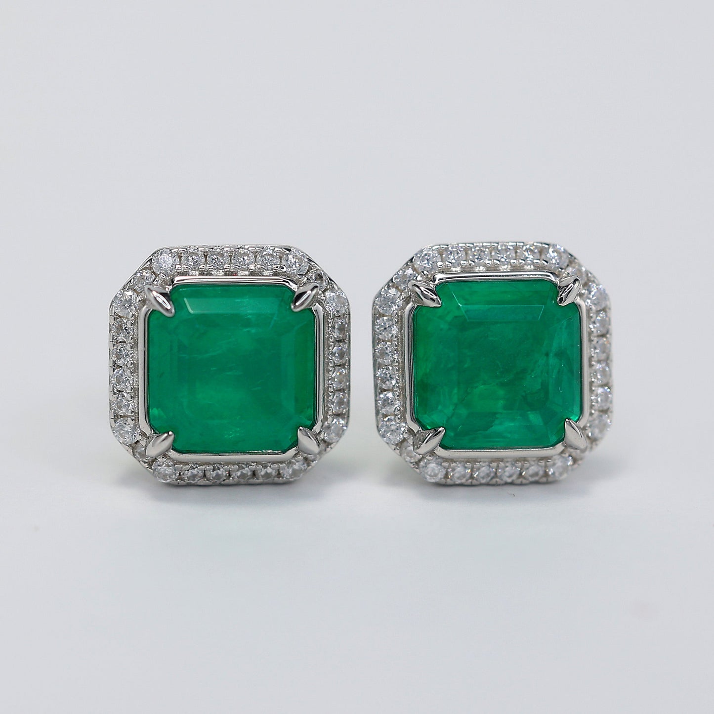 Micro-setting Emerald color Lab created stones 4 prong earrings, sterling silver