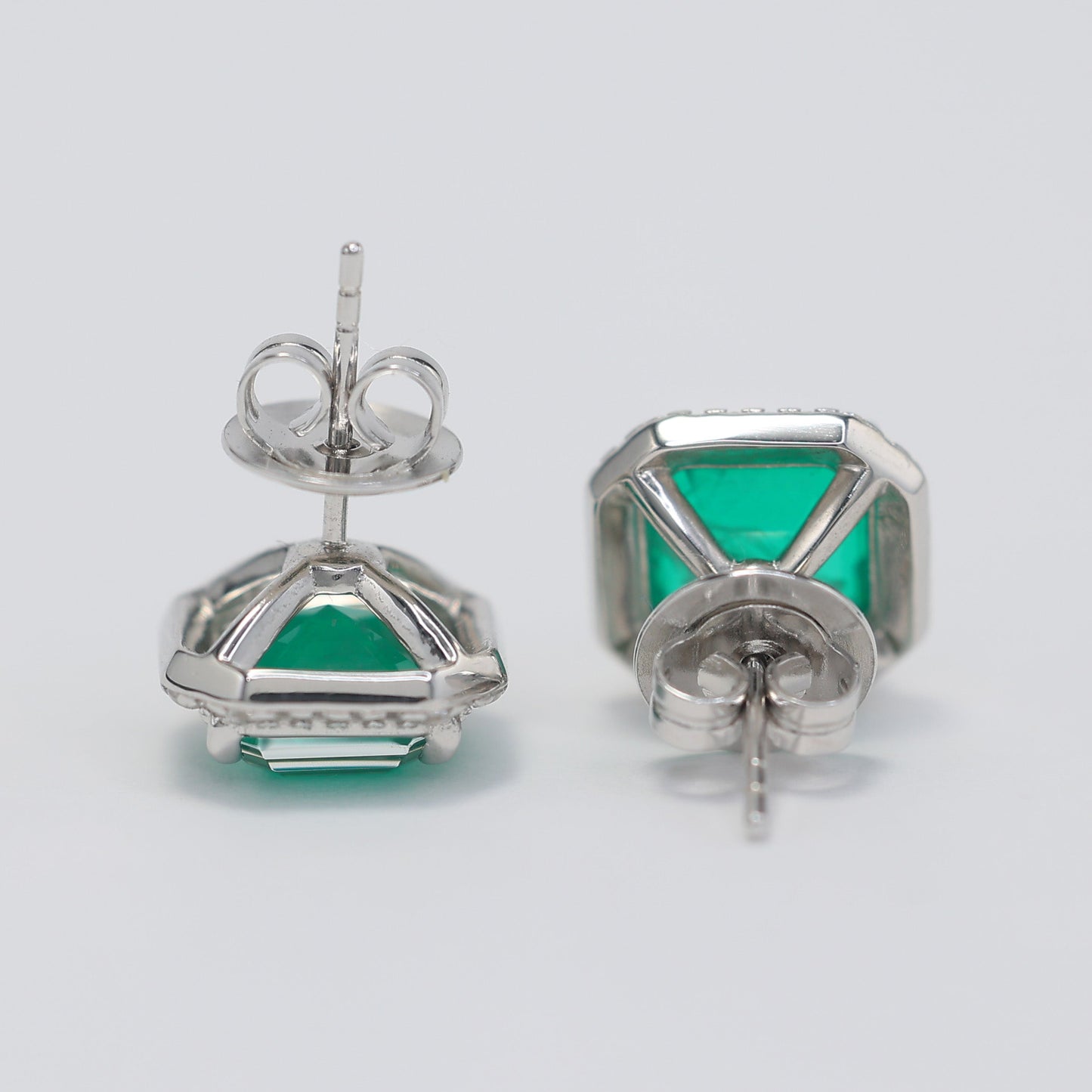 Micro-setting Emerald color Lab created stones 4 prong earrings, sterling silver