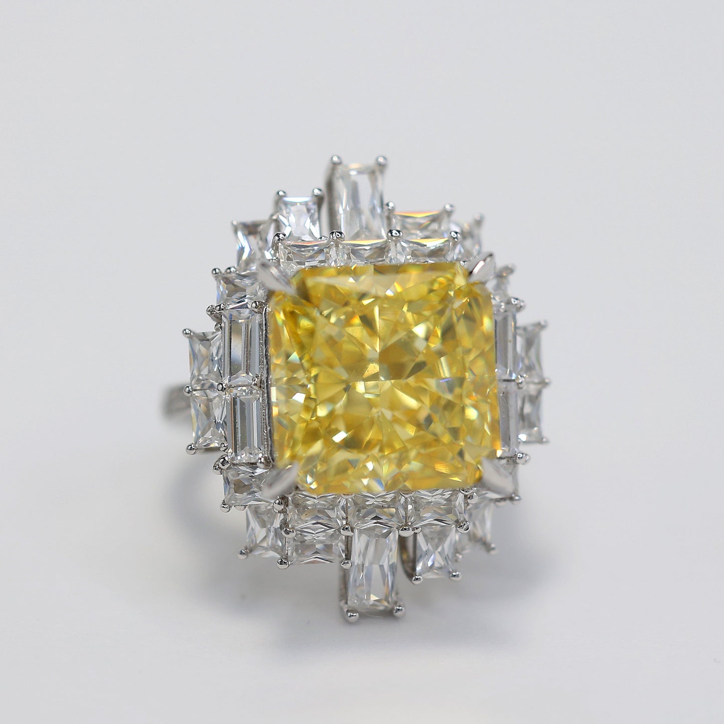 Micro-setting yellow diamond color Lab created stones city reflection ring, sterling silver