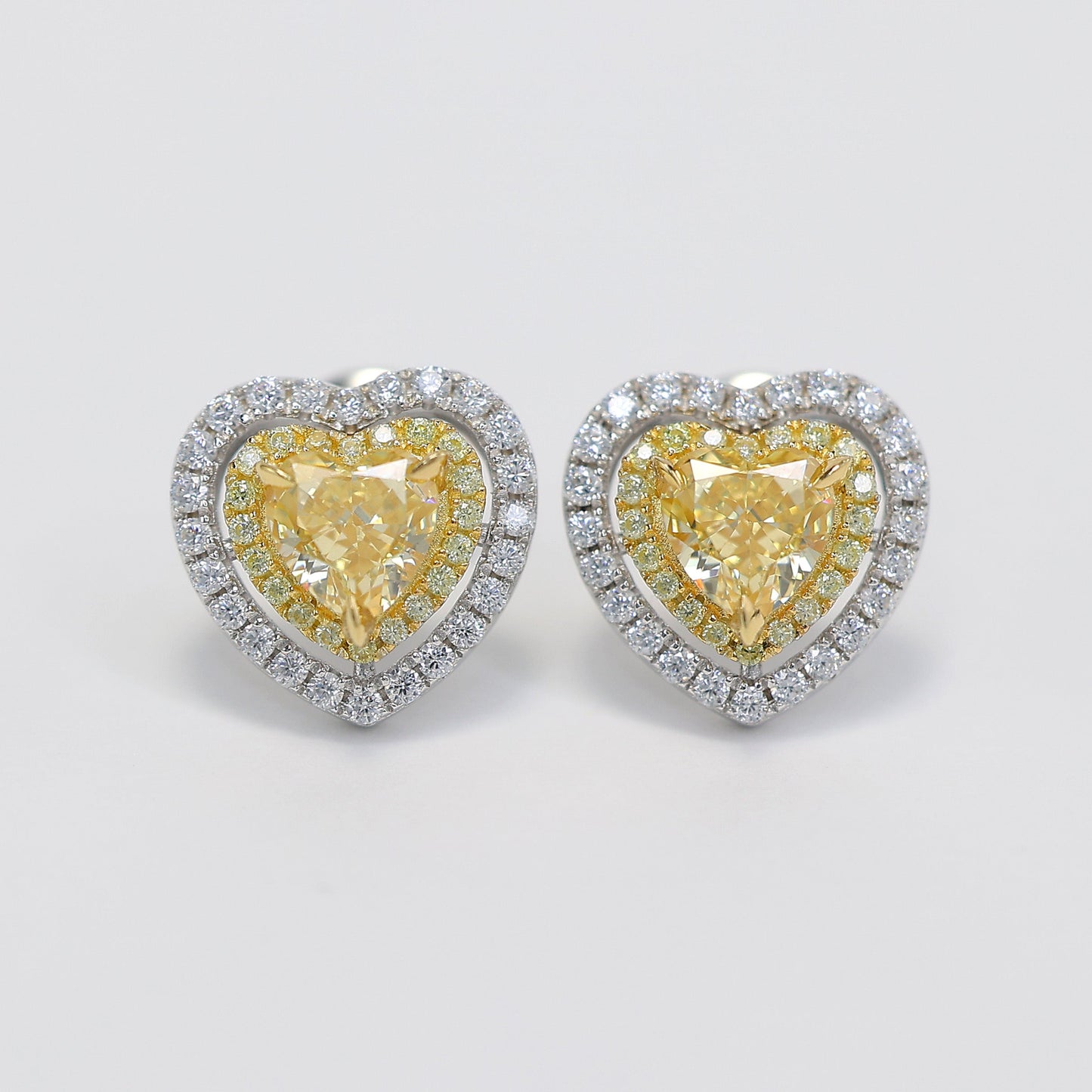 Micro-setting yellow diamond color Lab created stones fully studded heart earrings, sterling silver