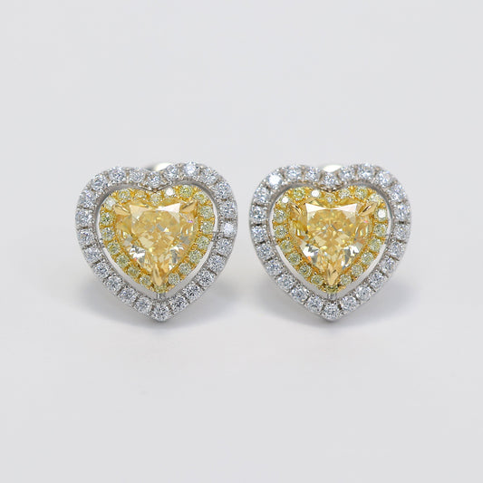 Micro-setting yellow diamond color Lab created stones fully studded heart earrings, sterling silver