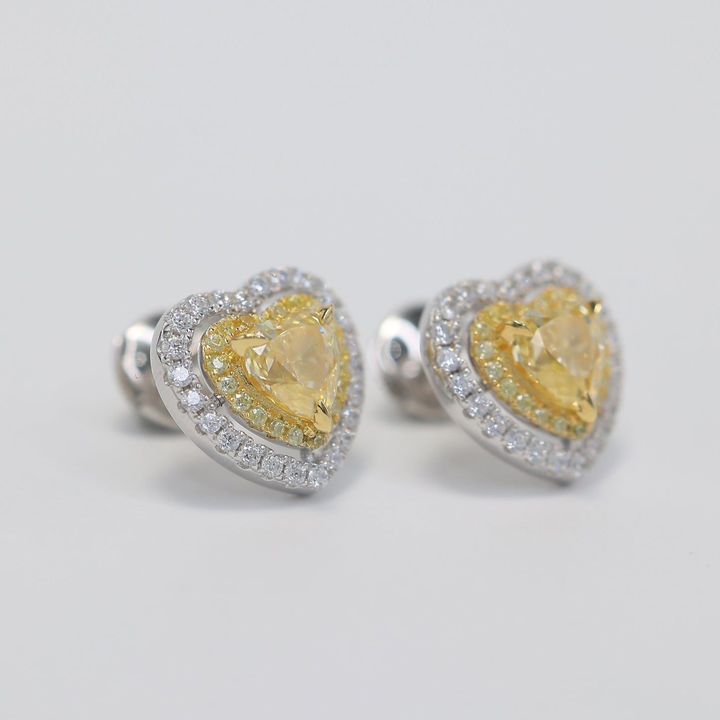 Micro-setting yellow diamond color Lab created stones fully studded heart earrings, sterling silver