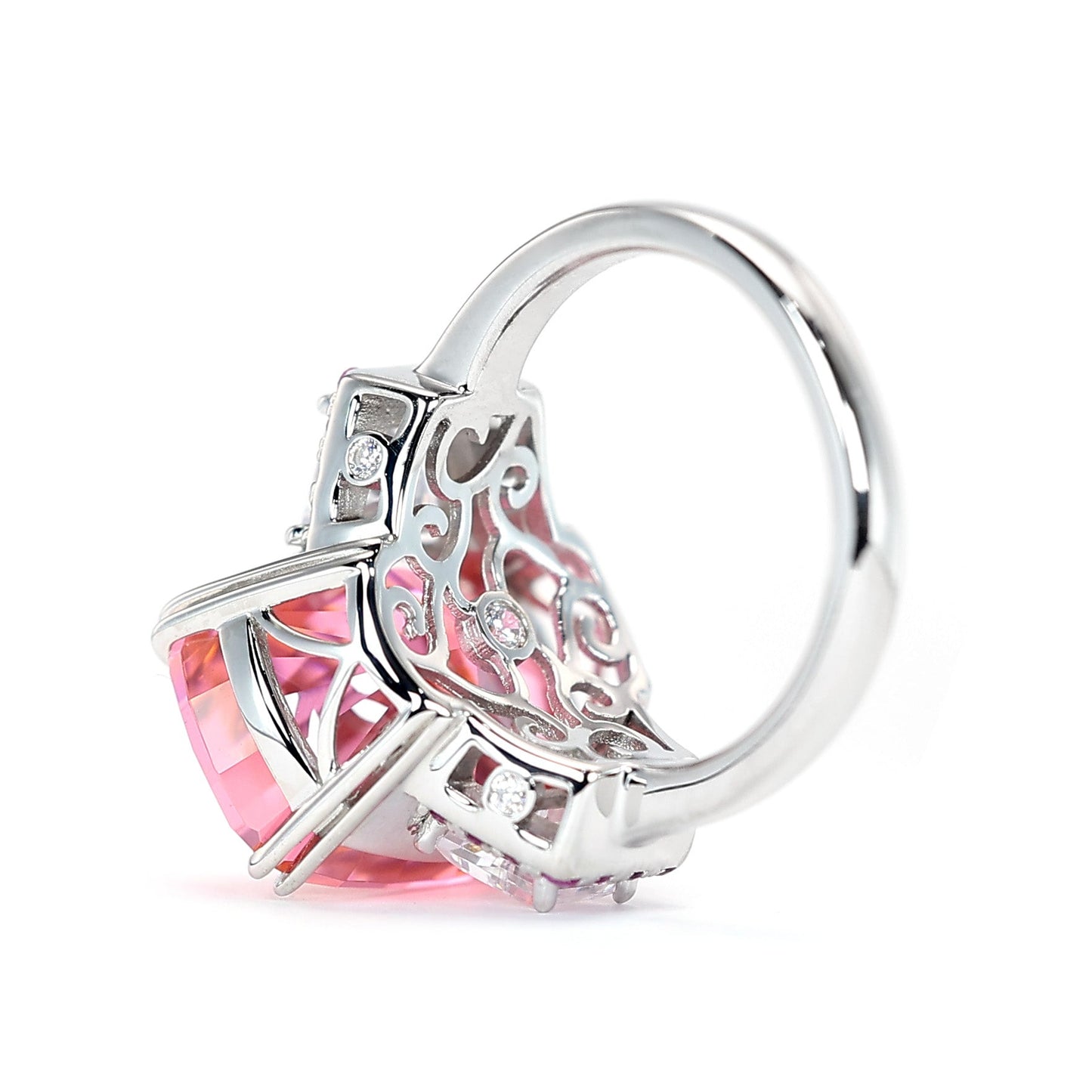 Micro-setting Pink morganite color Lab created stones baguette ring, sterling silver