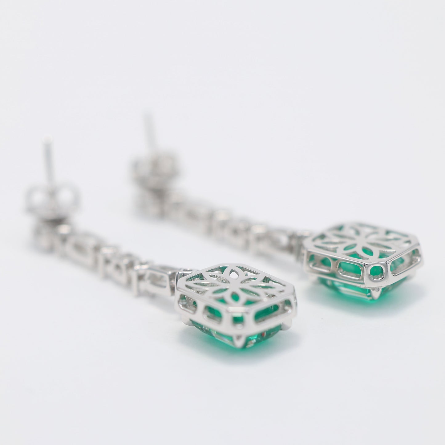 Micro-setting rectangular shape emerald color Lab created stones 4 prong earrings, sterling silver