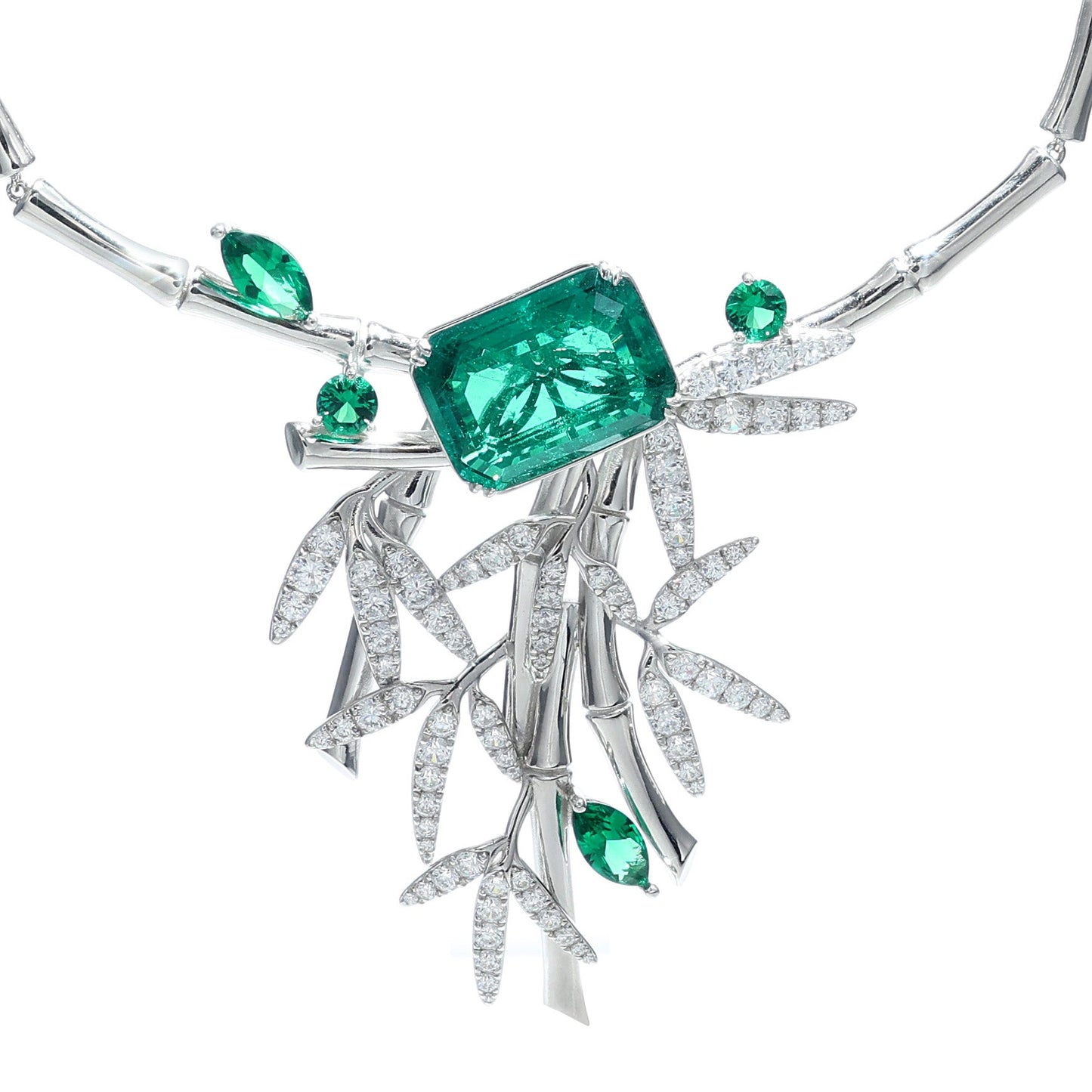 Micro-setting Emerald color Lab created stones and the artistic Bamboo necklace, sterling silver.