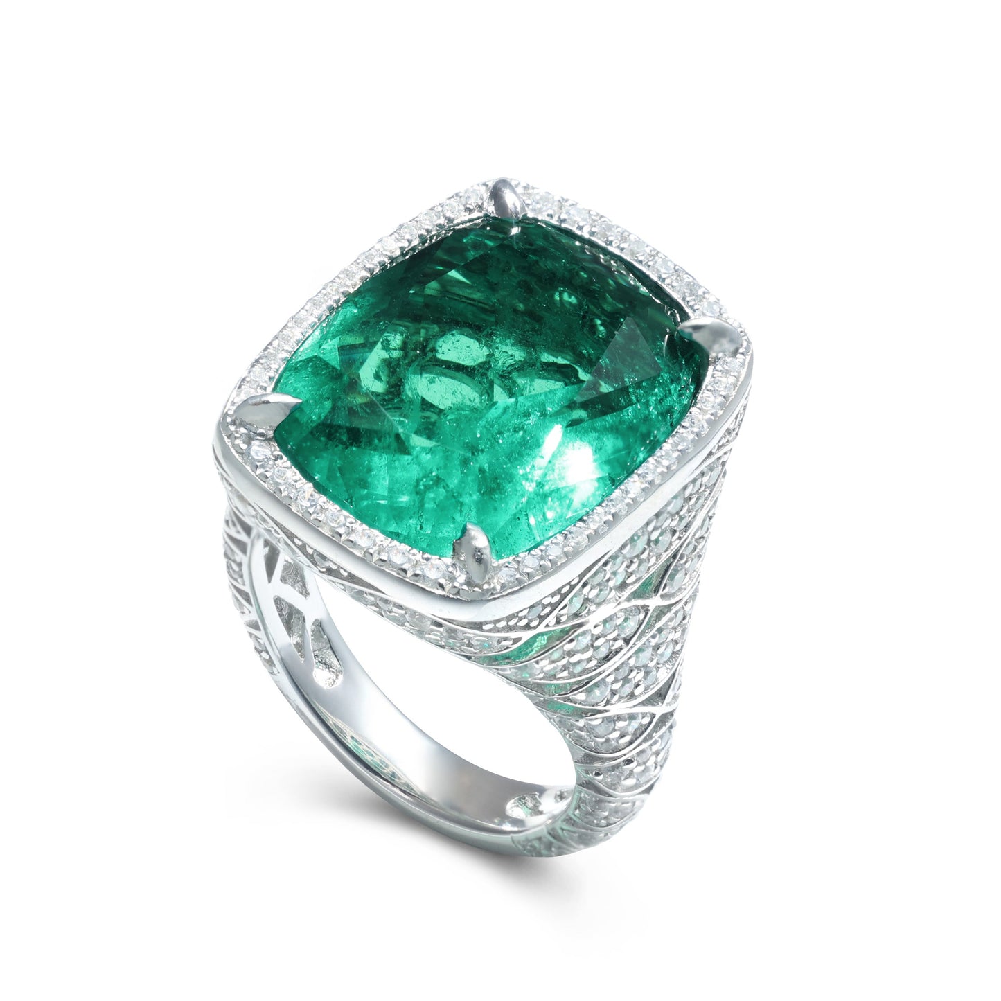 Micro-setting Emerald color lab created stones the Secret Land ring, sterling silver