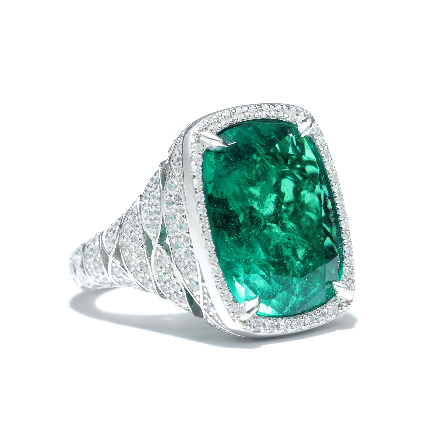 Micro-setting Emerald color lab created stones the Secret Land ring, sterling silver