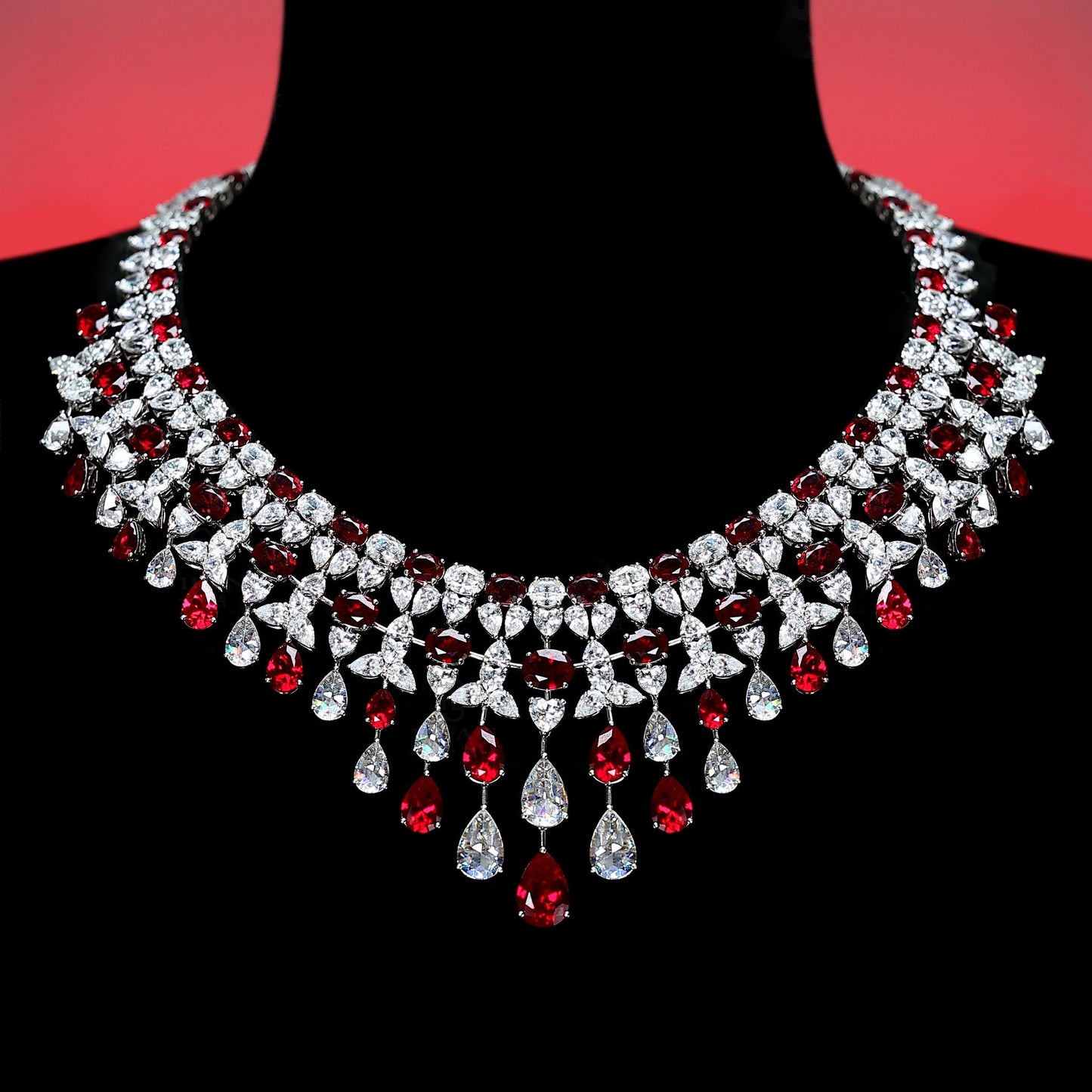 Micro-setting Ruby color fully studded dinner party waterdrop fancy necklace, sterling silver.