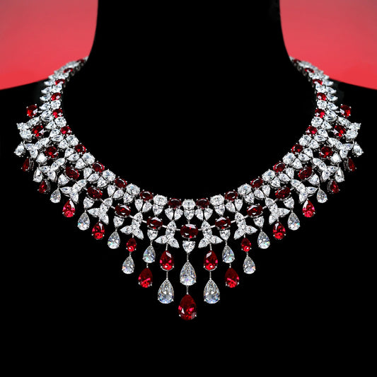 Micro-setting Ruby color fully studded dinner party waterdrop fancy necklace, sterling silver.