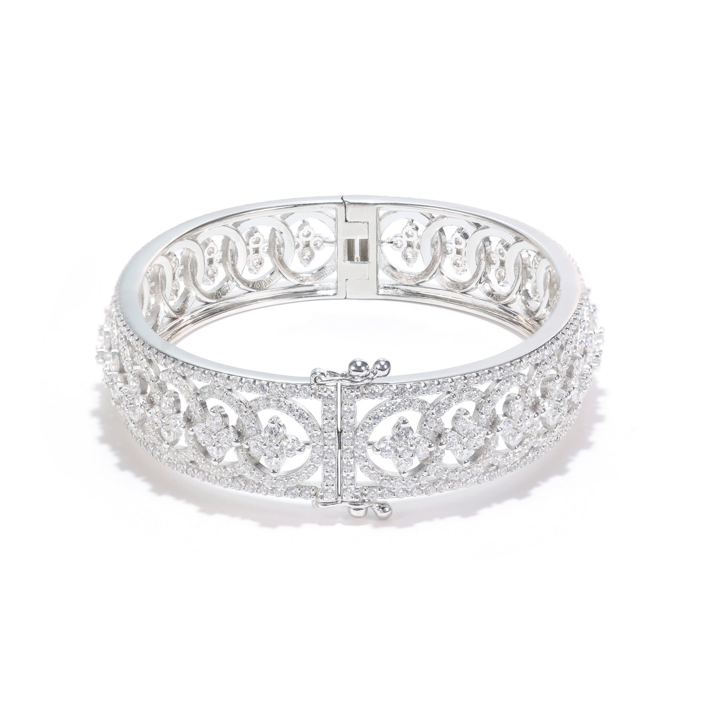 Limited edition Micro-setting Clear diamond color Lab created stones designer lace bangle, sterling silver