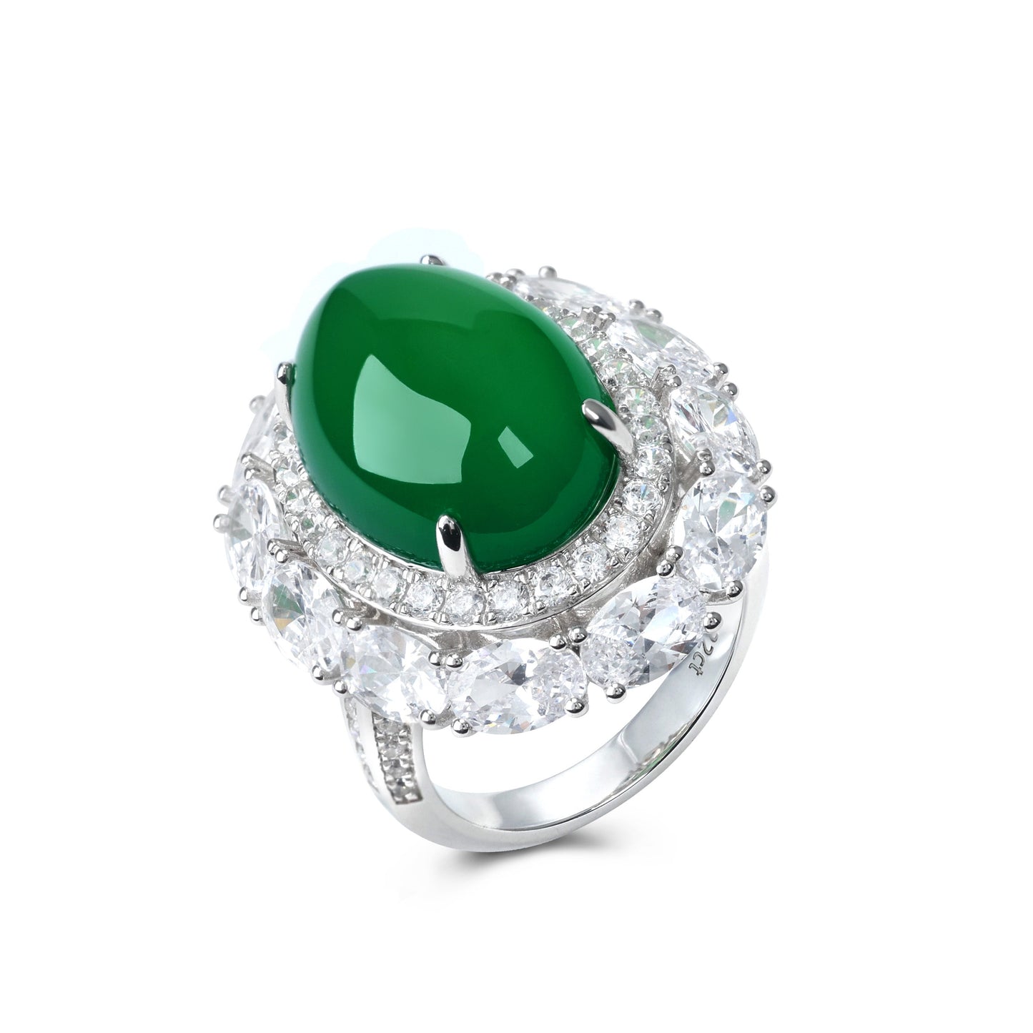 Micro-setting Jade color made from agate detailed pigeon egg ring, sterling silver