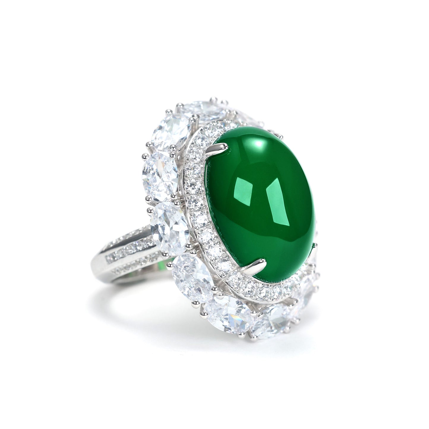 Micro-setting Jade color made from agate detailed pigeon egg ring, sterling silver