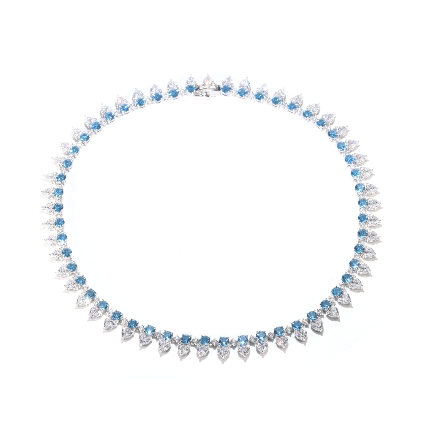 Micro-setting Aquamarine color Lab created stones Luxury Tennis Collar necklace, sterling silver