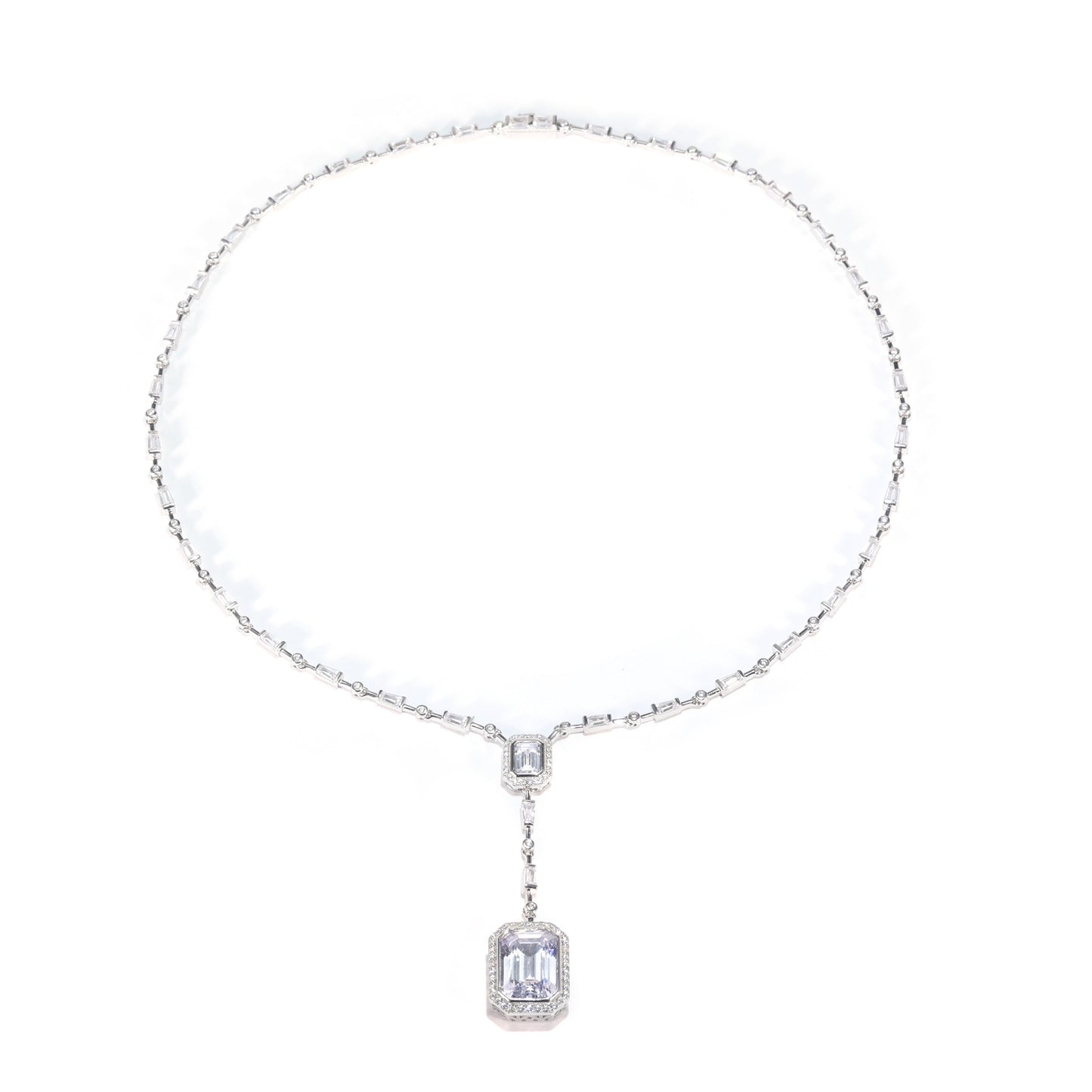 Micro-setting Clear diamond color Emerald cut Lab created stones designer necklace, sterling silver