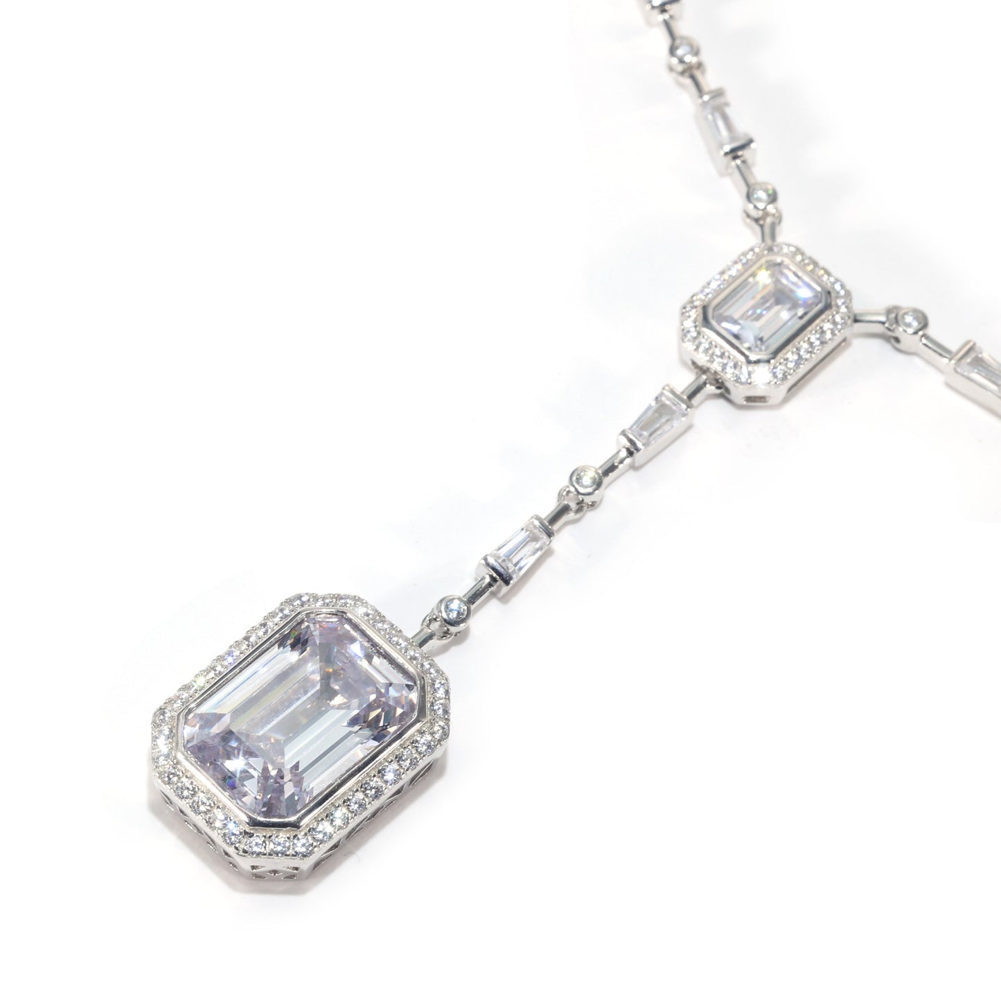 Micro-setting Clear diamond color Emerald cut Lab created stones designer necklace, sterling silver