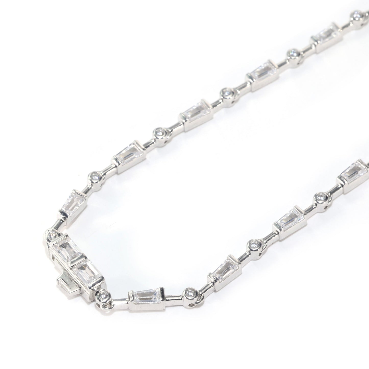 Micro-setting Clear diamond color Emerald cut Lab created stones designer necklace, sterling silver