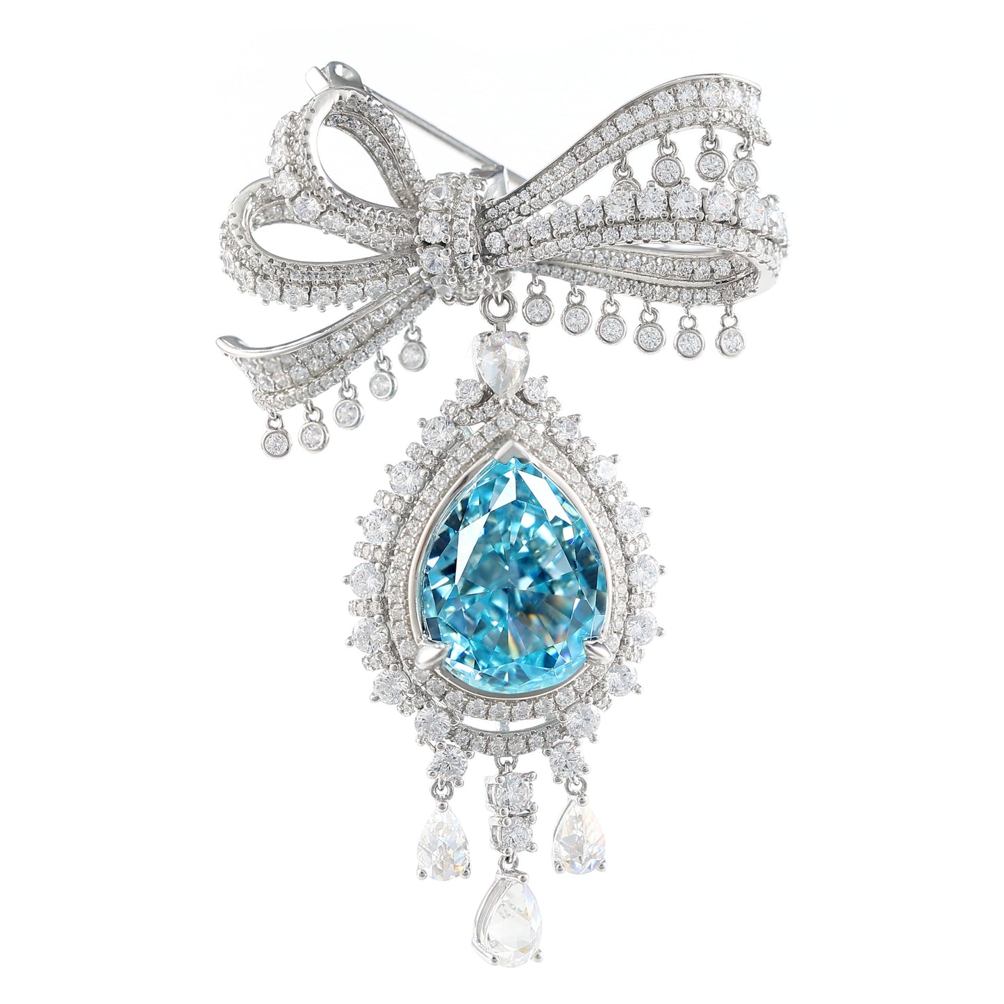 Micro-setting Multi-purpose Fancy Aquamarine color Lab created stones Santa Maria Stars brooch, sterling silver