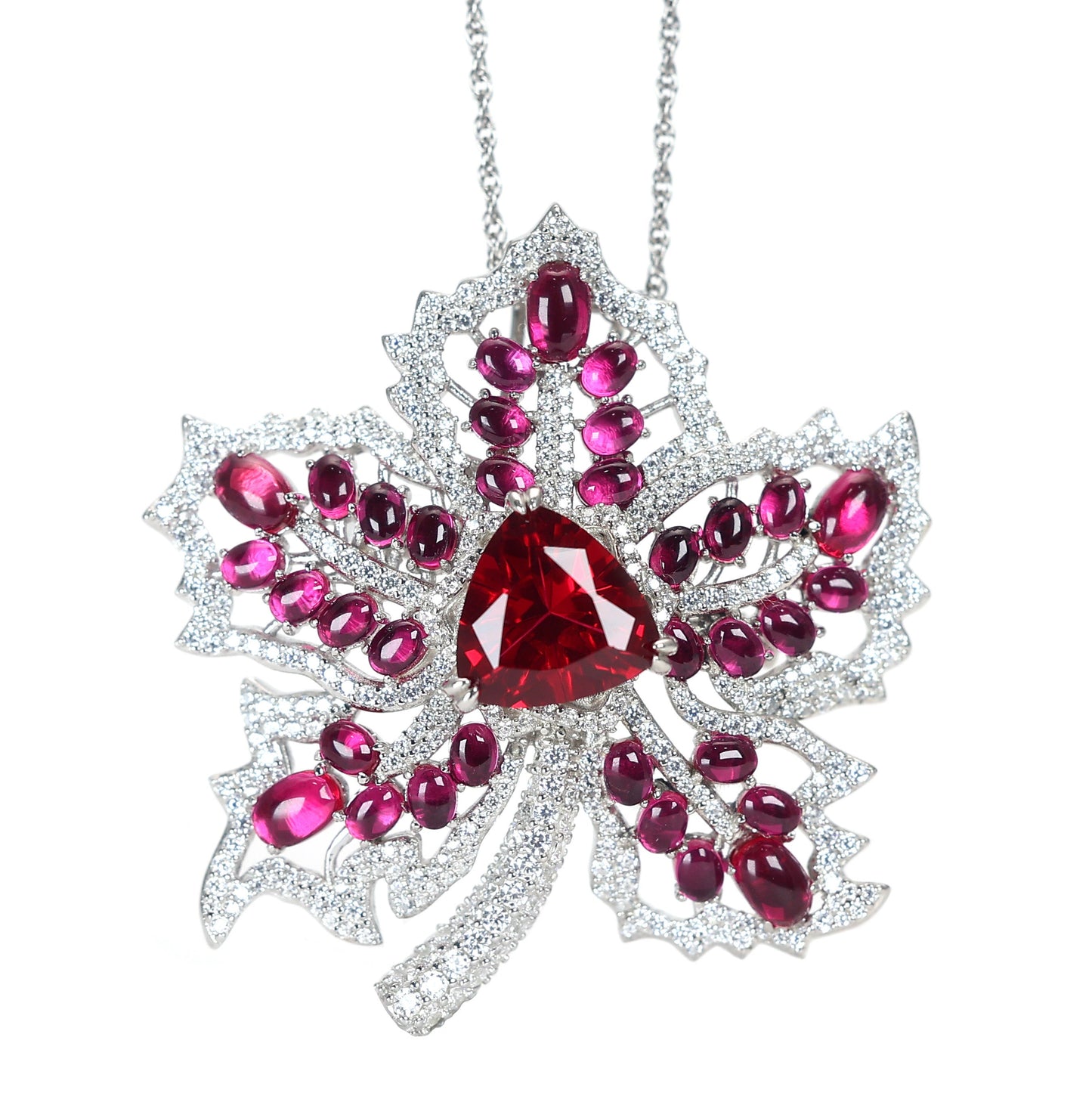 Promotional design Micro-setting Ruby color Lab created stones multi-purpose red Maple leaf pendant and brooch, sterling silver