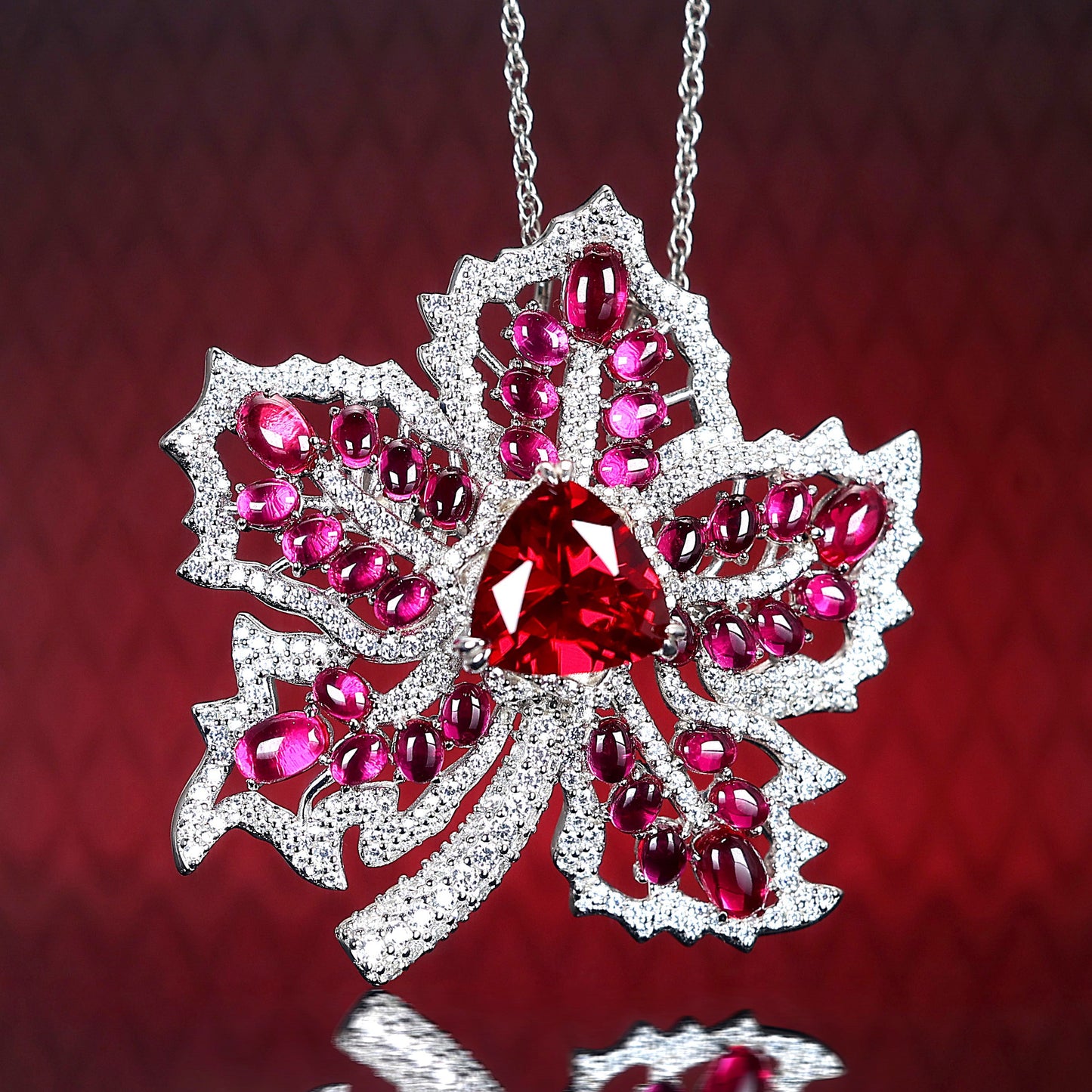 Promotional design Micro-setting Ruby color Lab created stones multi-purpose red Maple leaf pendant and brooch, sterling silver