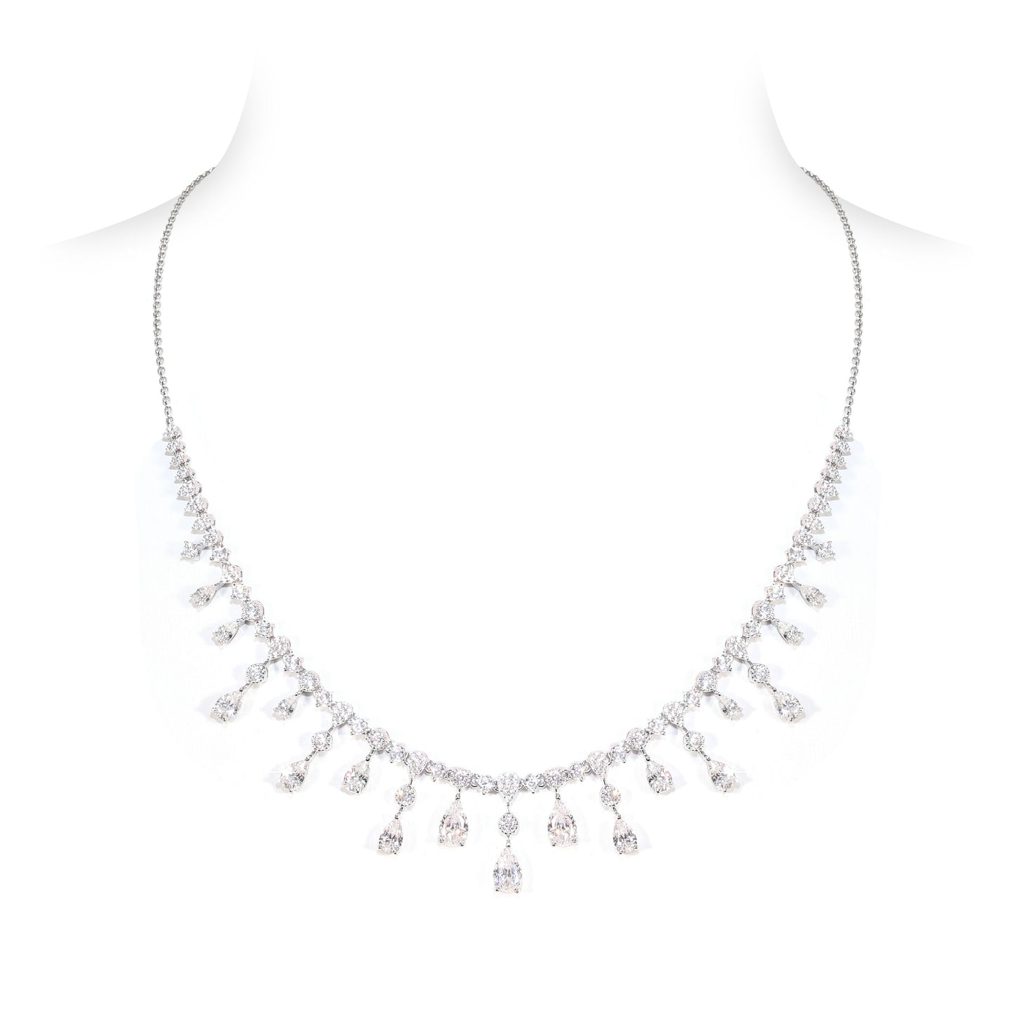 Promotional design Micro-setting Clear diamond color Lab created stones water drop tassel necklace, sterling silver