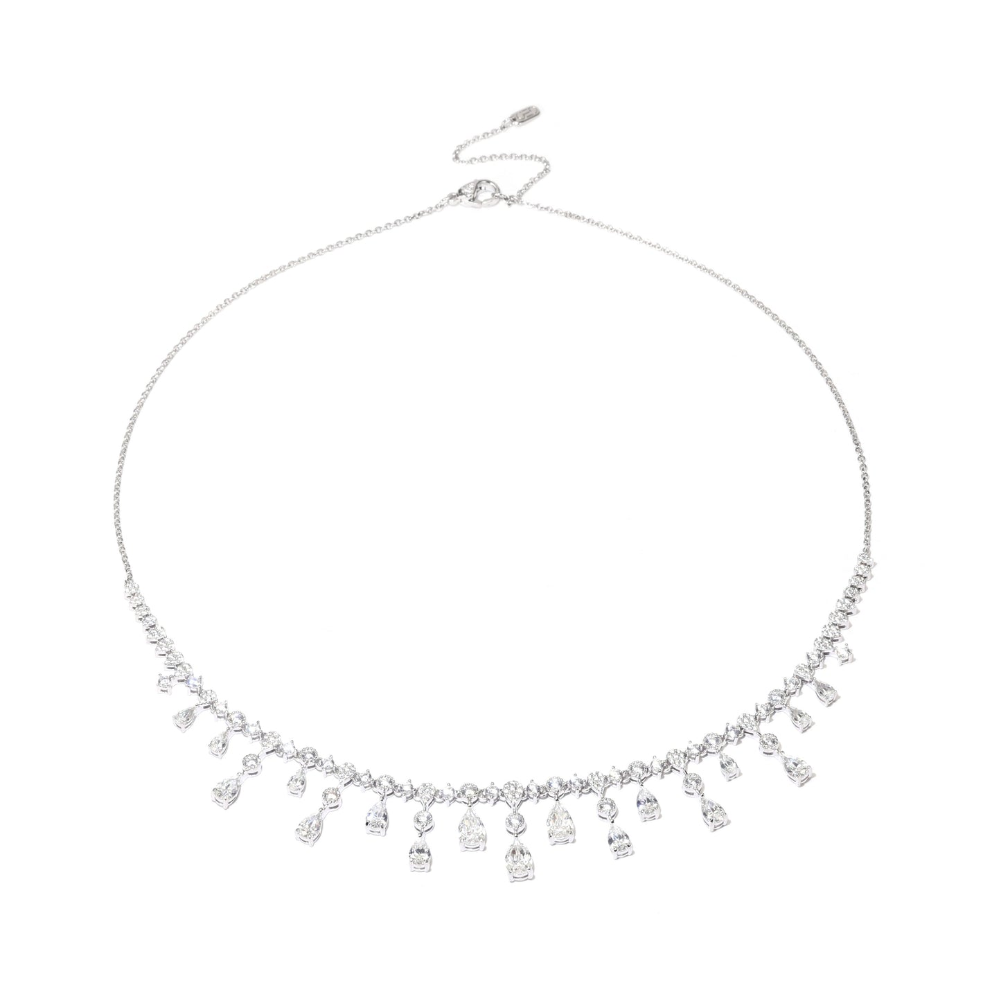 Promotional design Micro-setting Clear diamond color Lab created stones water drop tassel necklace, sterling silver