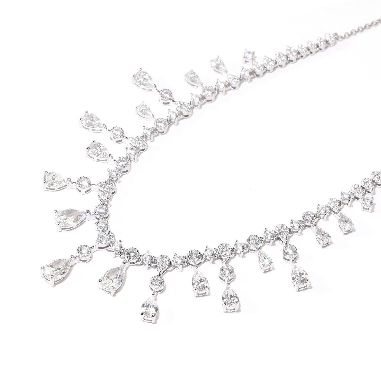 Promotional design Micro-setting Clear diamond color Lab created stones water drop tassel necklace, sterling silver