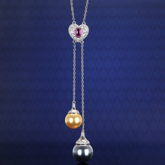 Promotion design Micro-setting Golden grey shell pearl and lab created stones detailed Y shape necklace, sterling silver.