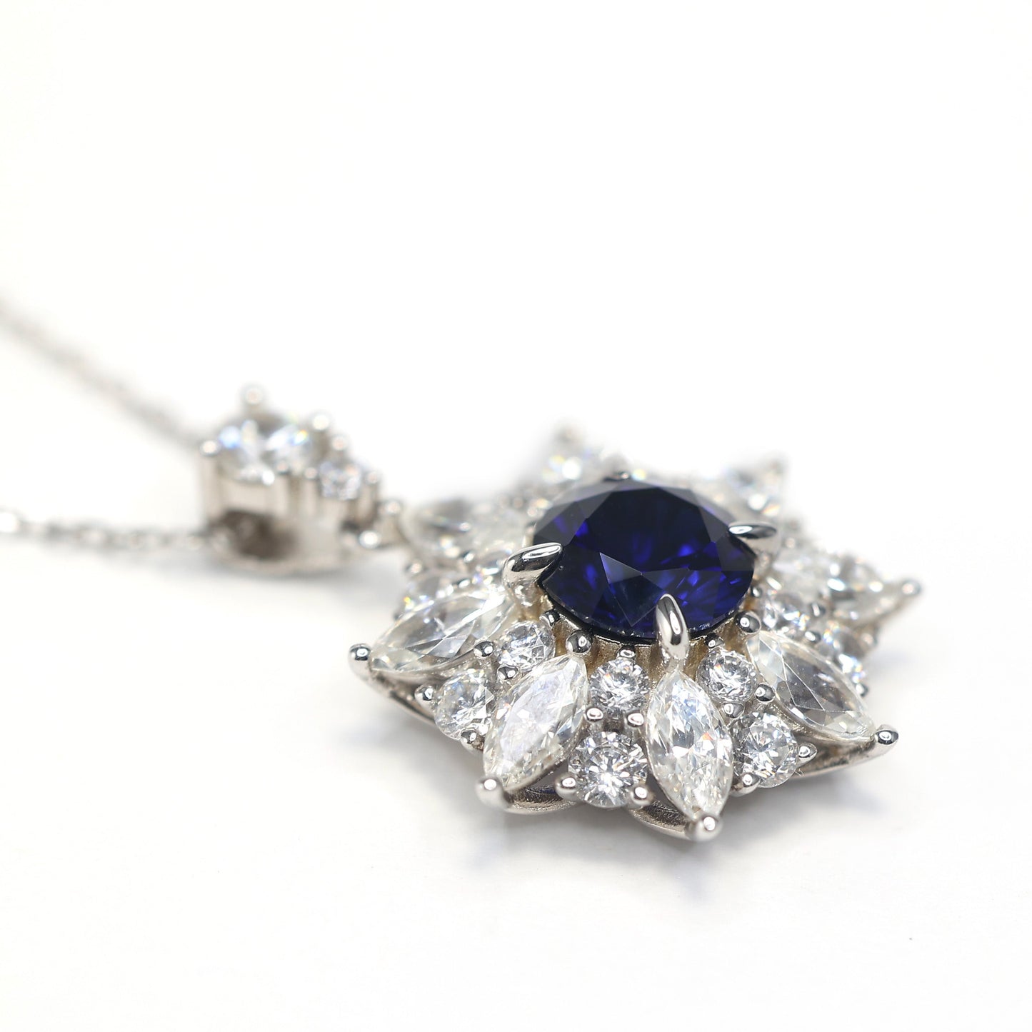 Micro-setting Sapphire color lab created stones Eight stars necklace, sterling silver.