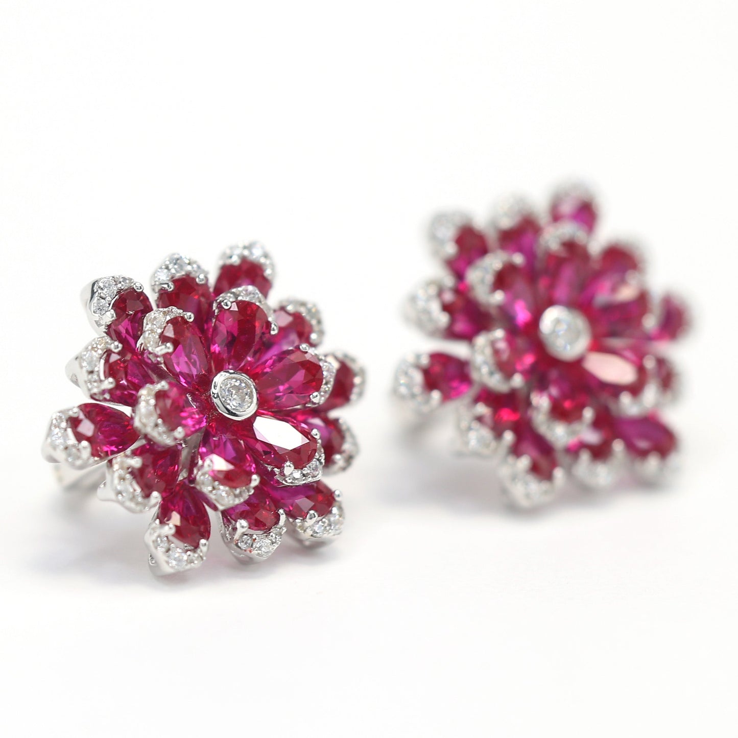 Micro-setting ruby color lab created stones preserved fresh flower earrings, sterling silver